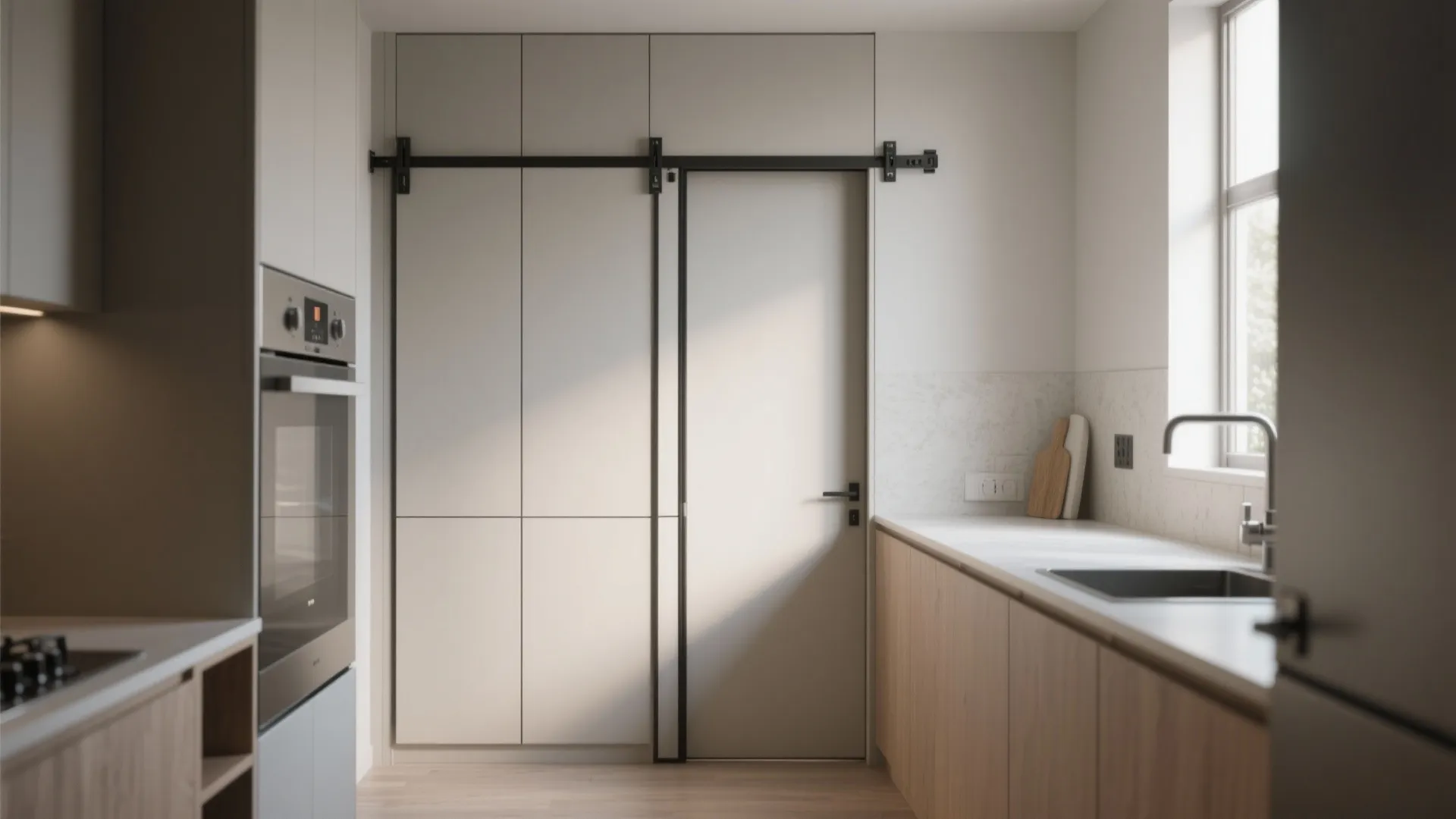 Minimalist kitchen featuring light wood cabinets oven sink and a sliding door with black track