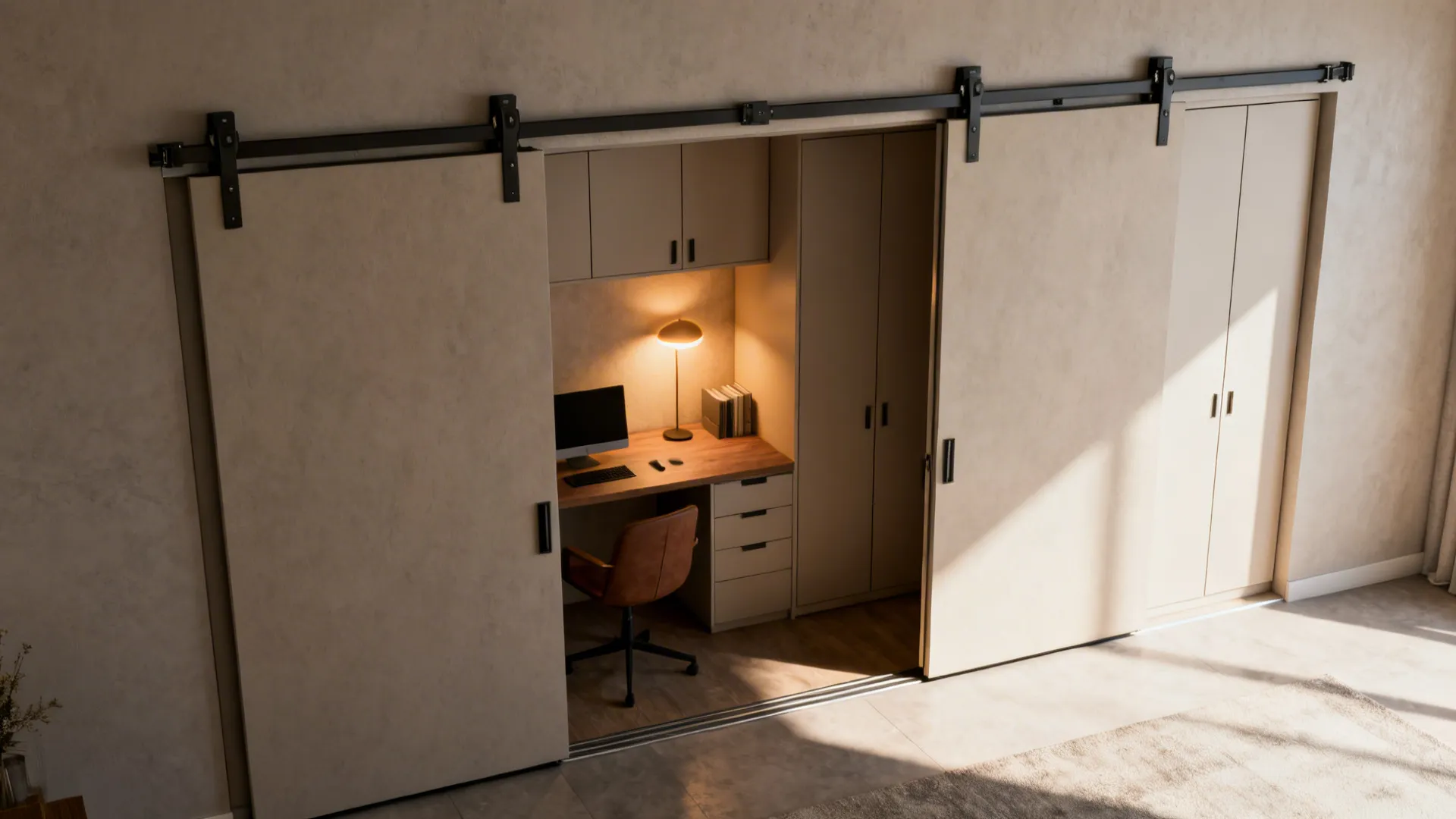 Modern home office with desk and chair hidden behind large sliding doors in a room