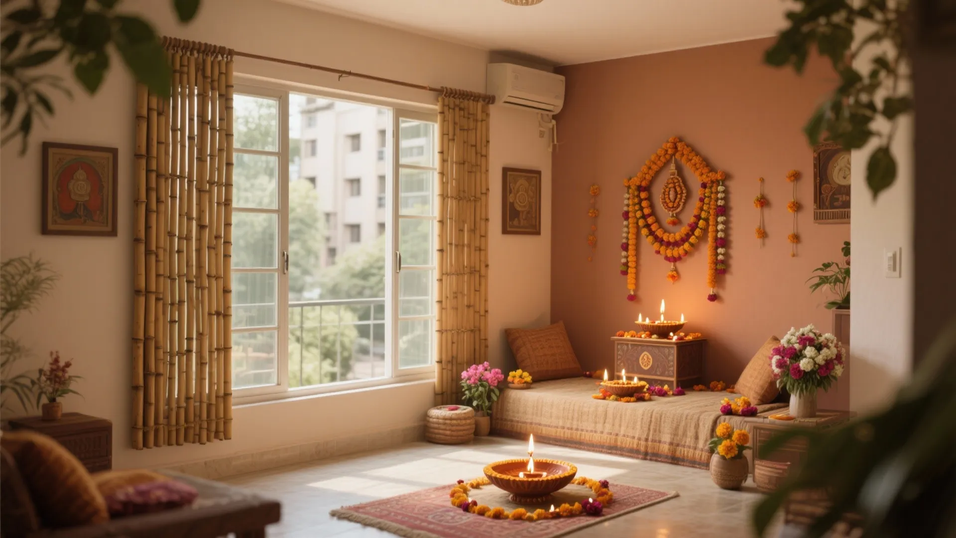 Warm living room with bamboo window blinds orange wall flower garlands and small oil floor lamps