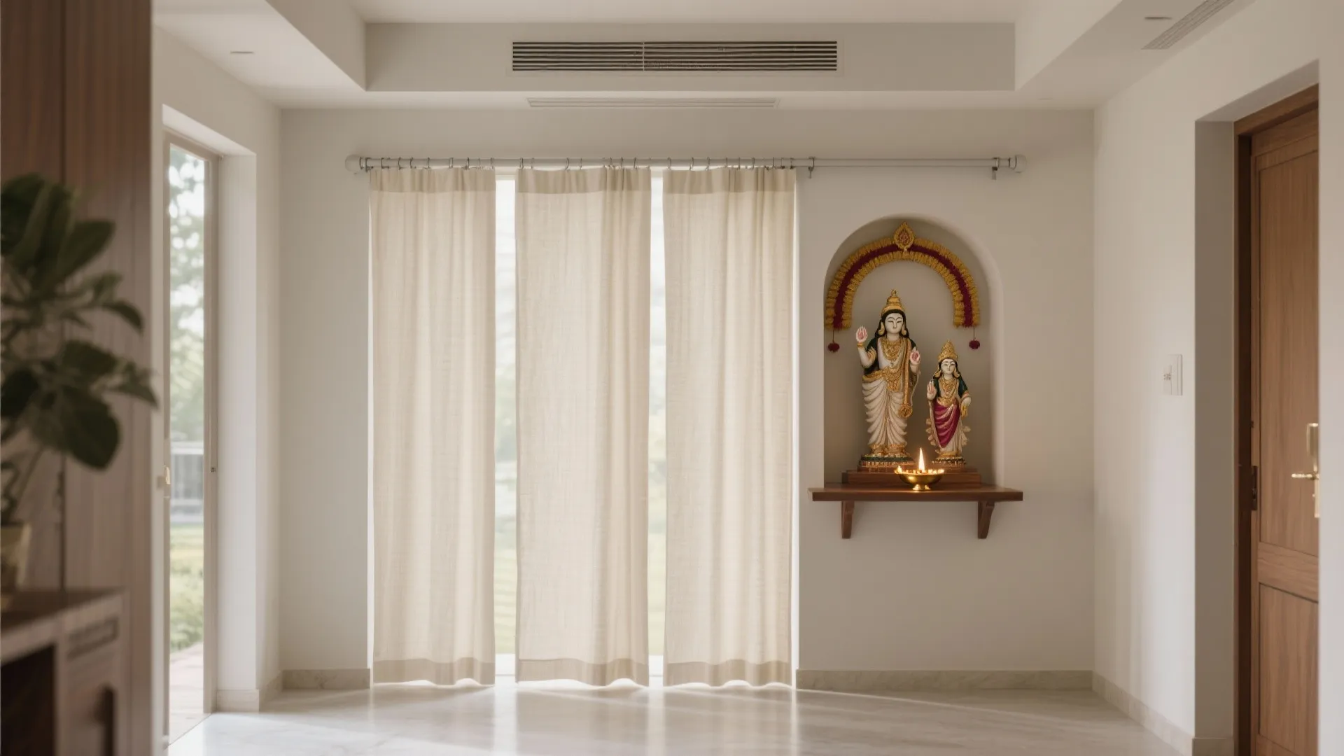 Corridor pooja niche with three sliding fabric panels on a recessed track stacking slimly to one side.