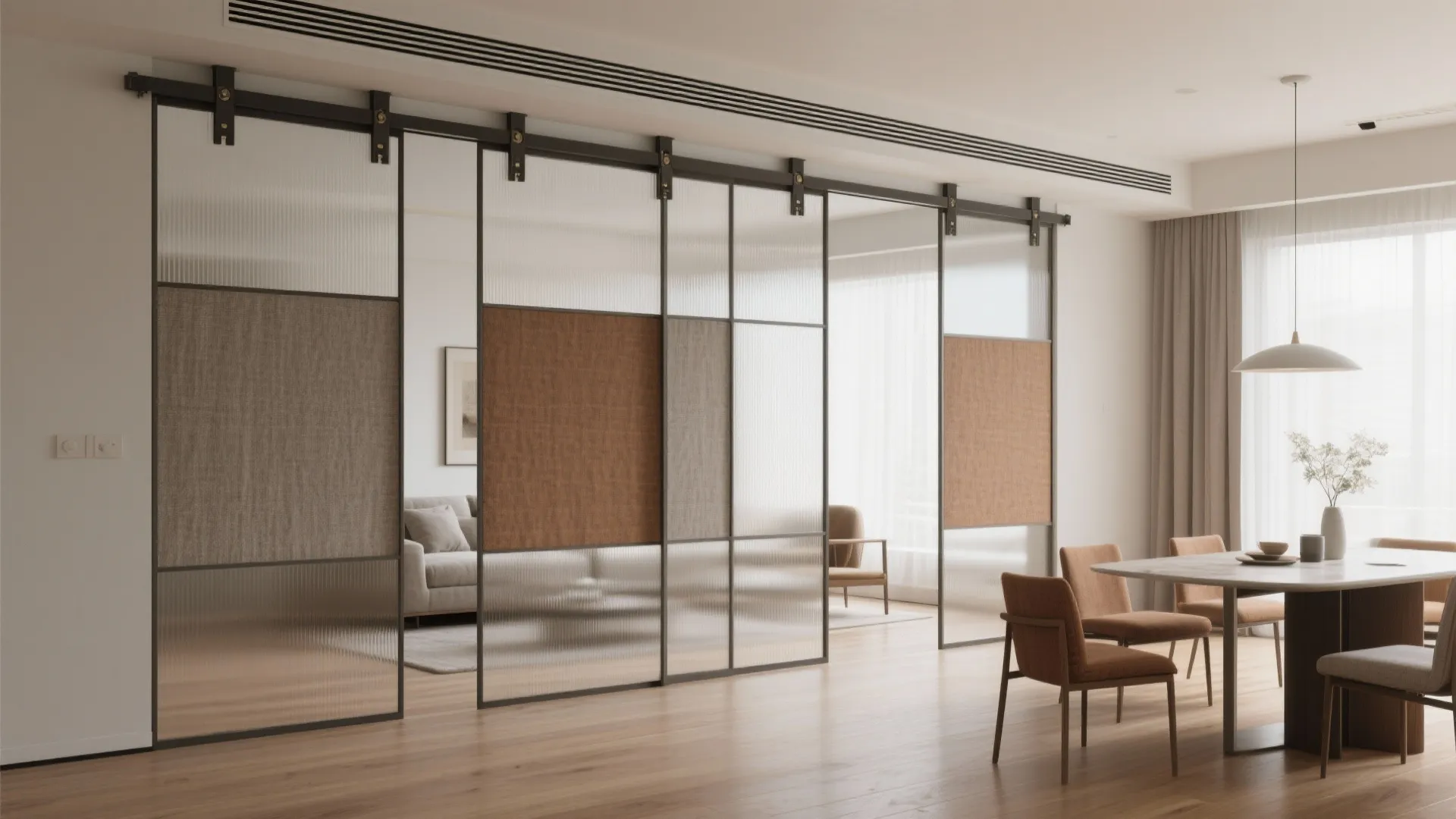 Sliding glass partition panels with brown inserts separating modern dining area and living room furniture