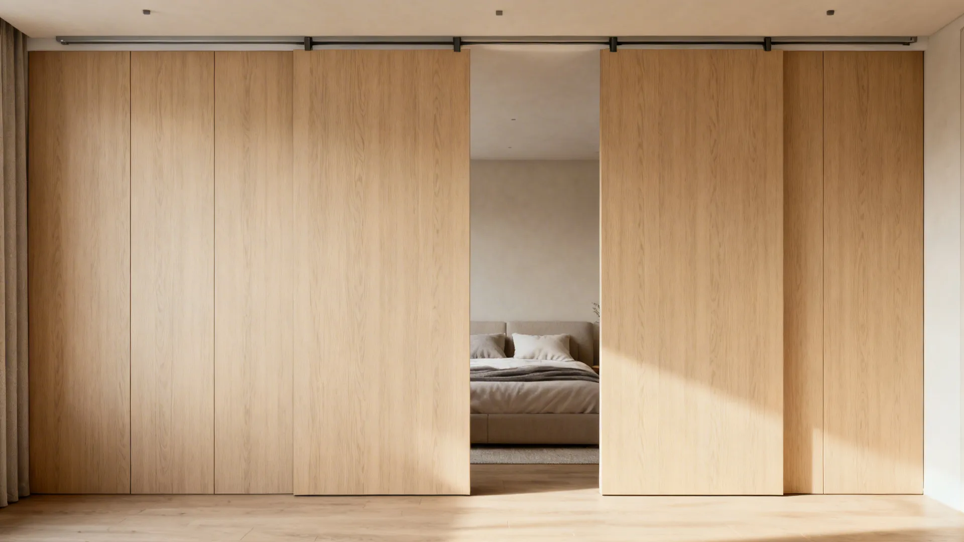 Studio apartment with light wood sliding panels on a ceiling track providing flexible privacy.