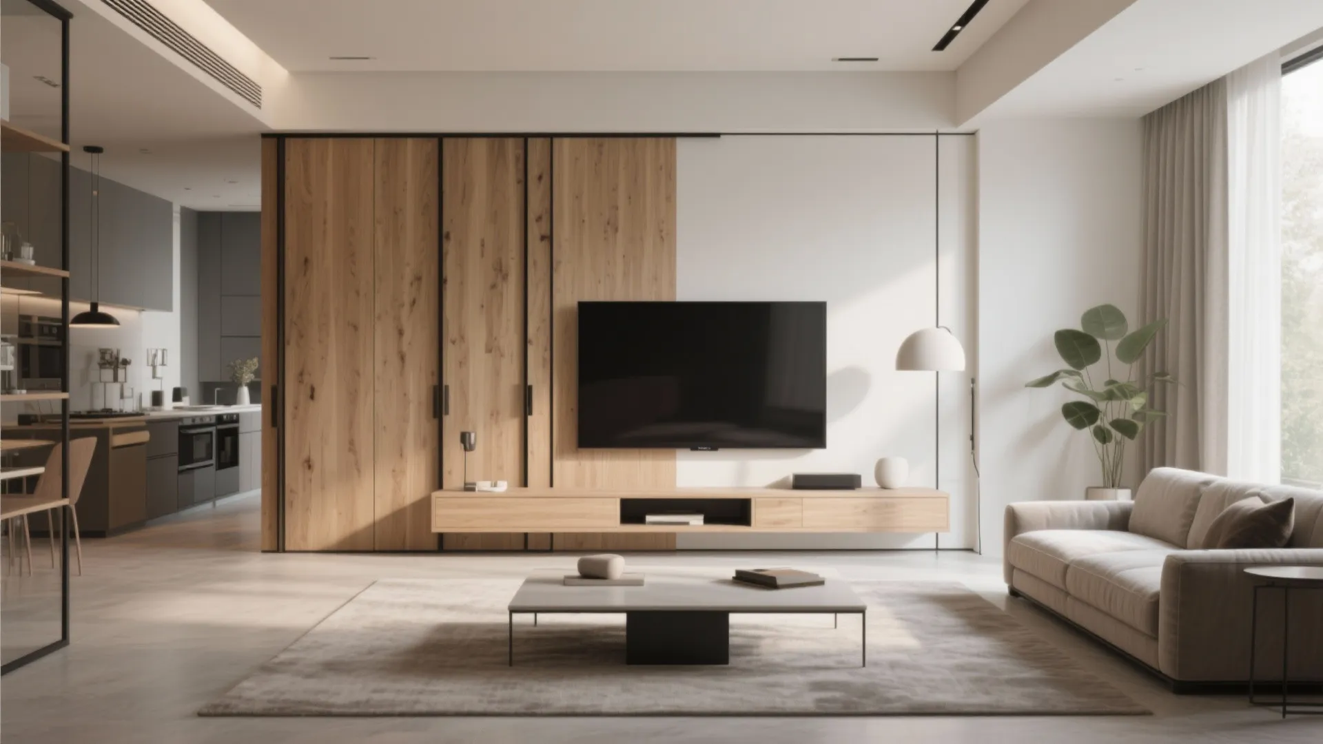 Modern living room featuring wood sliding panels covering a television and a comfortable grey sofa
