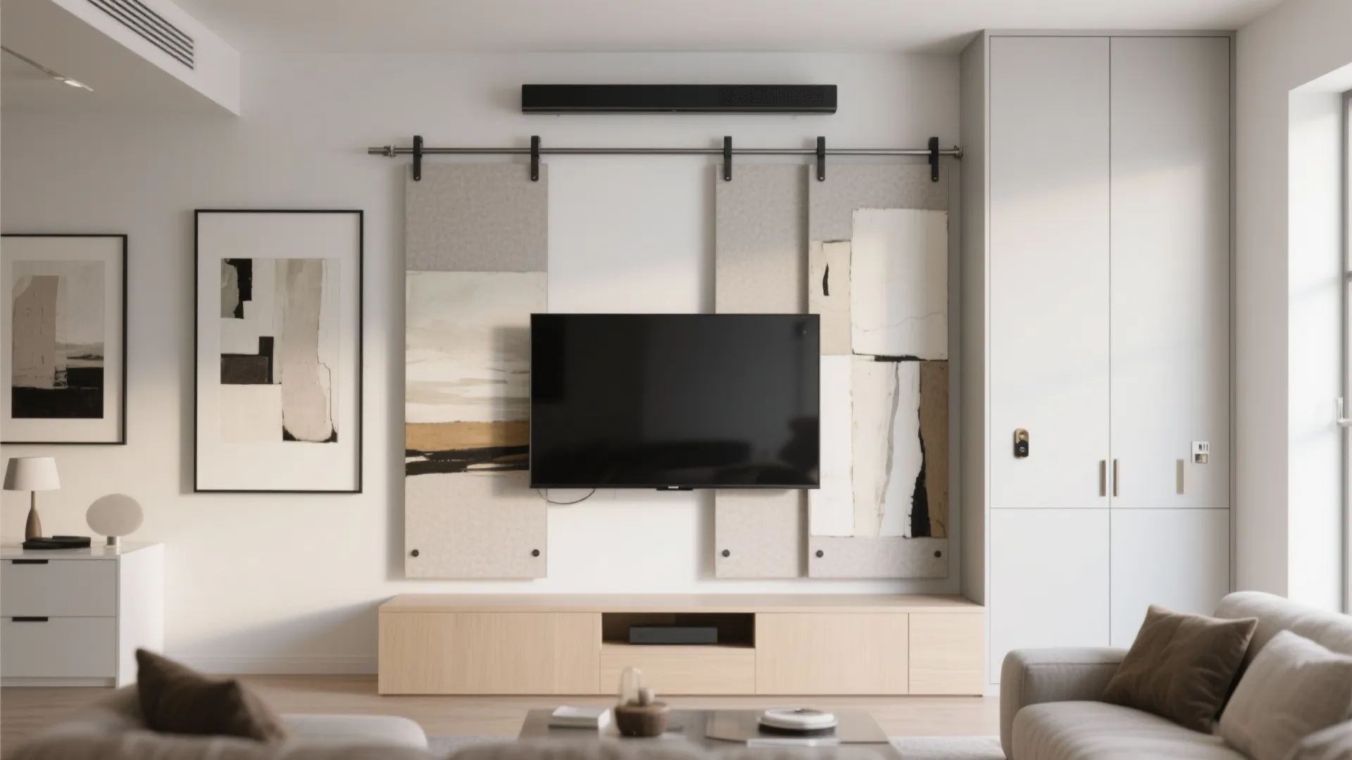 Modern living room featuring a television mounted over sliding decorative art panels and wooden cabinet
