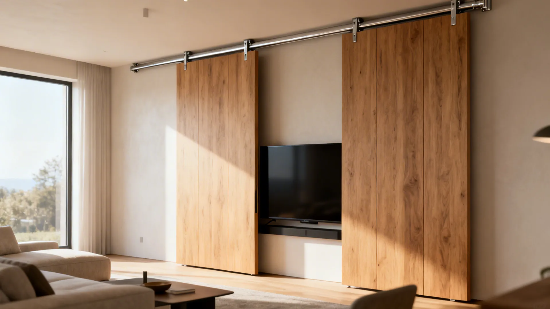 Living room with sliding wood panels concealing a TV placed in front of a window.