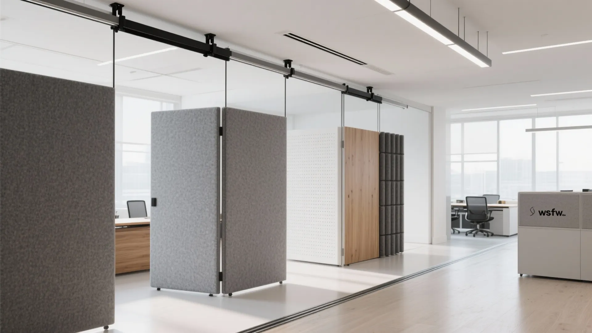 Modern office interior with hanging grey fabric and wood sliding panels for flexible room layout