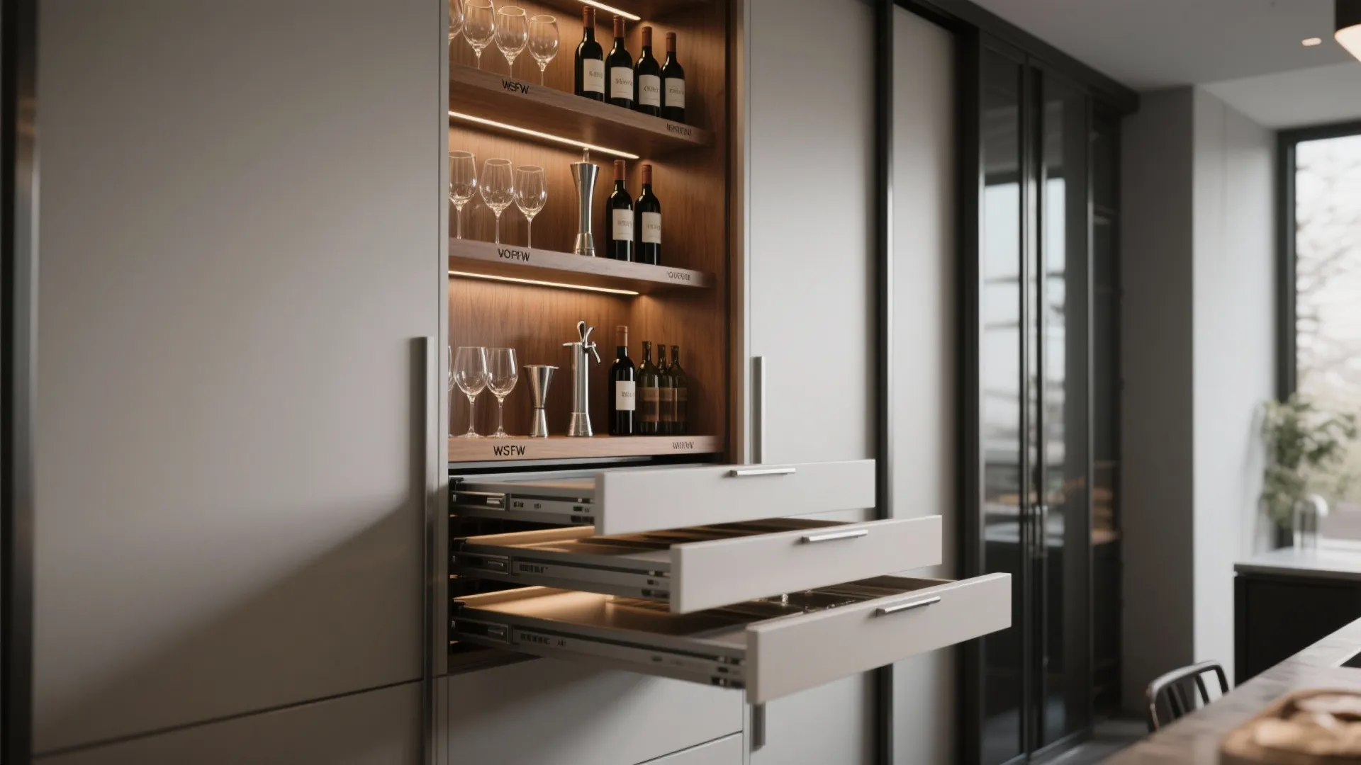 Narrow sliding pantry-style organizer pulled out to reveal tiered shelves and wine glass racks.