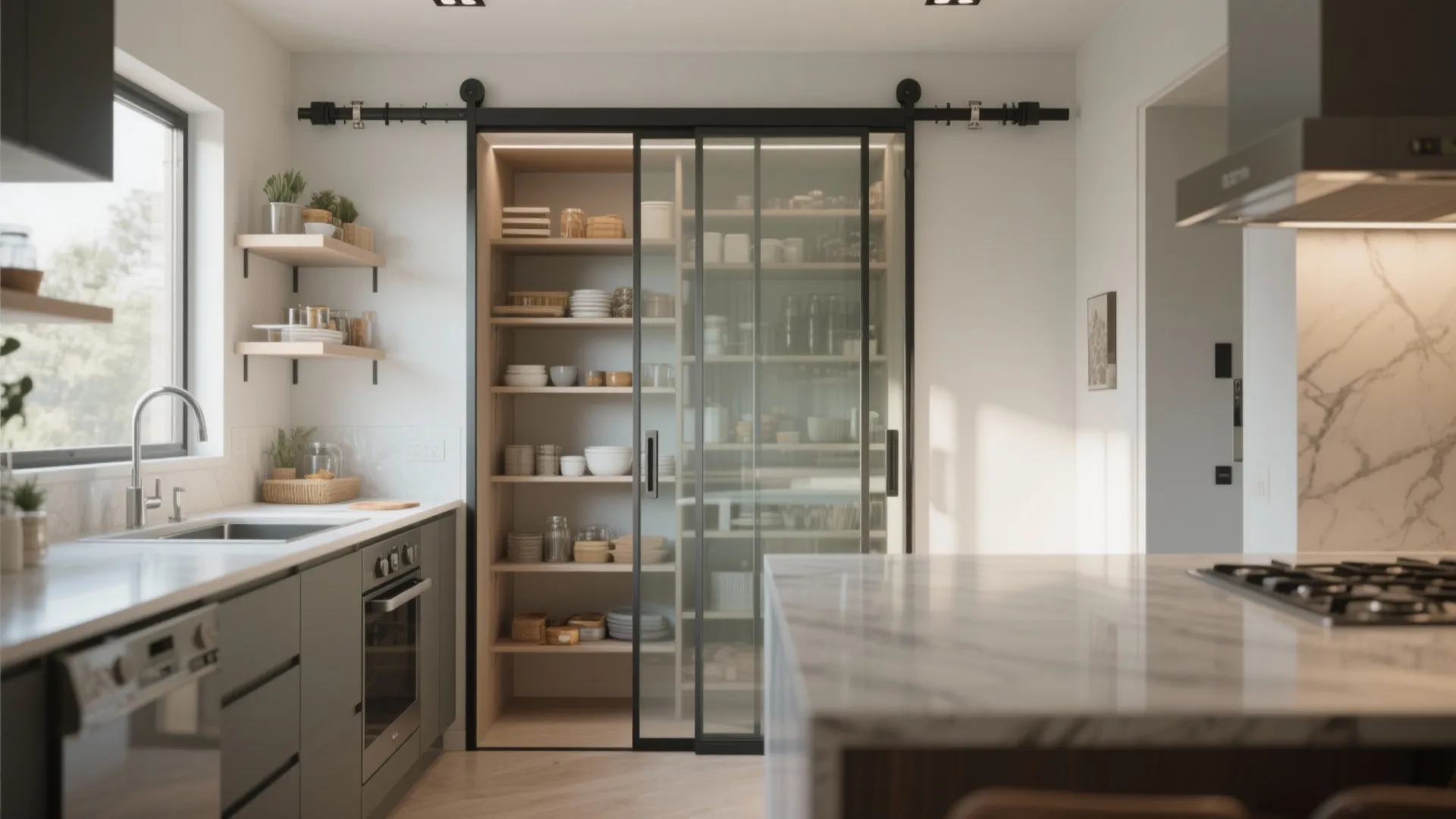 4. Sliding glass pantry doors to save swing space