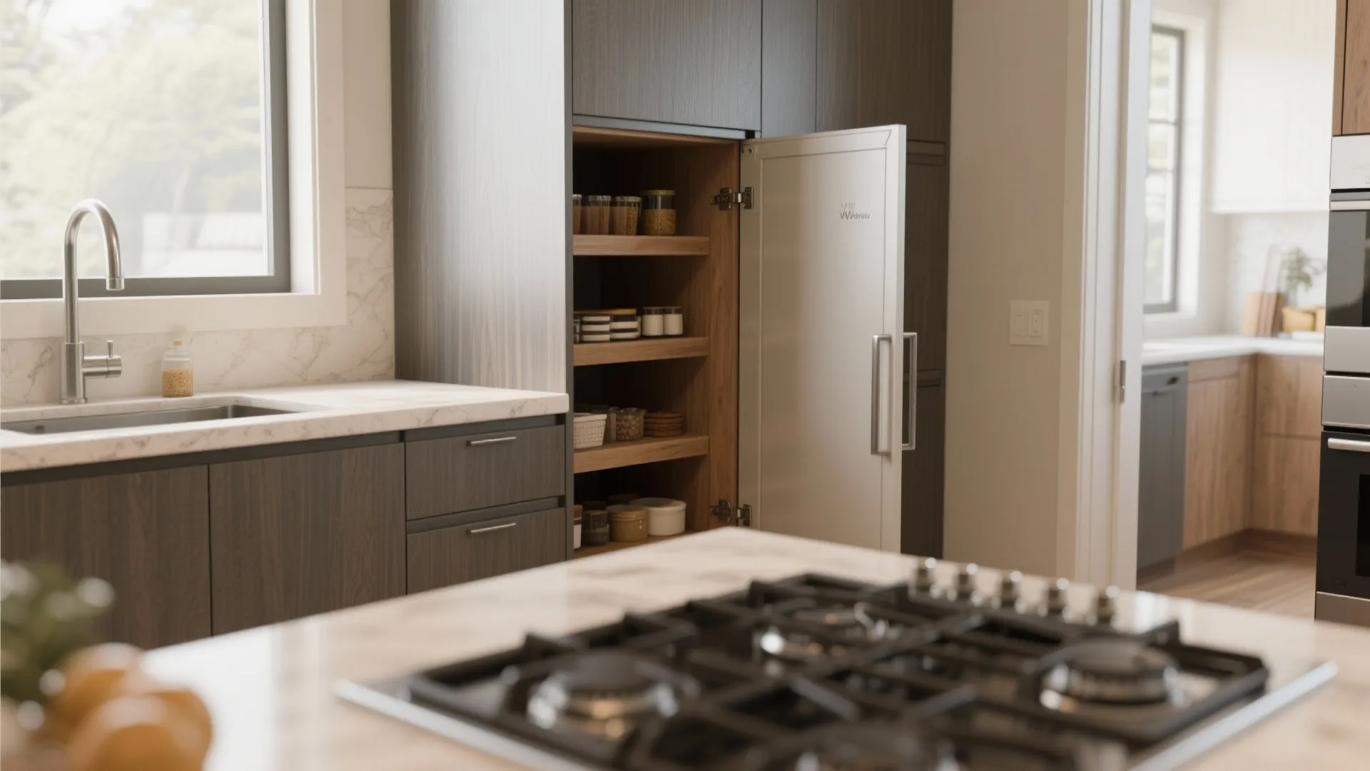 Close-up of an L-shaped kitchen corner with an integrated sliding pantry pocket and wood cabinetry