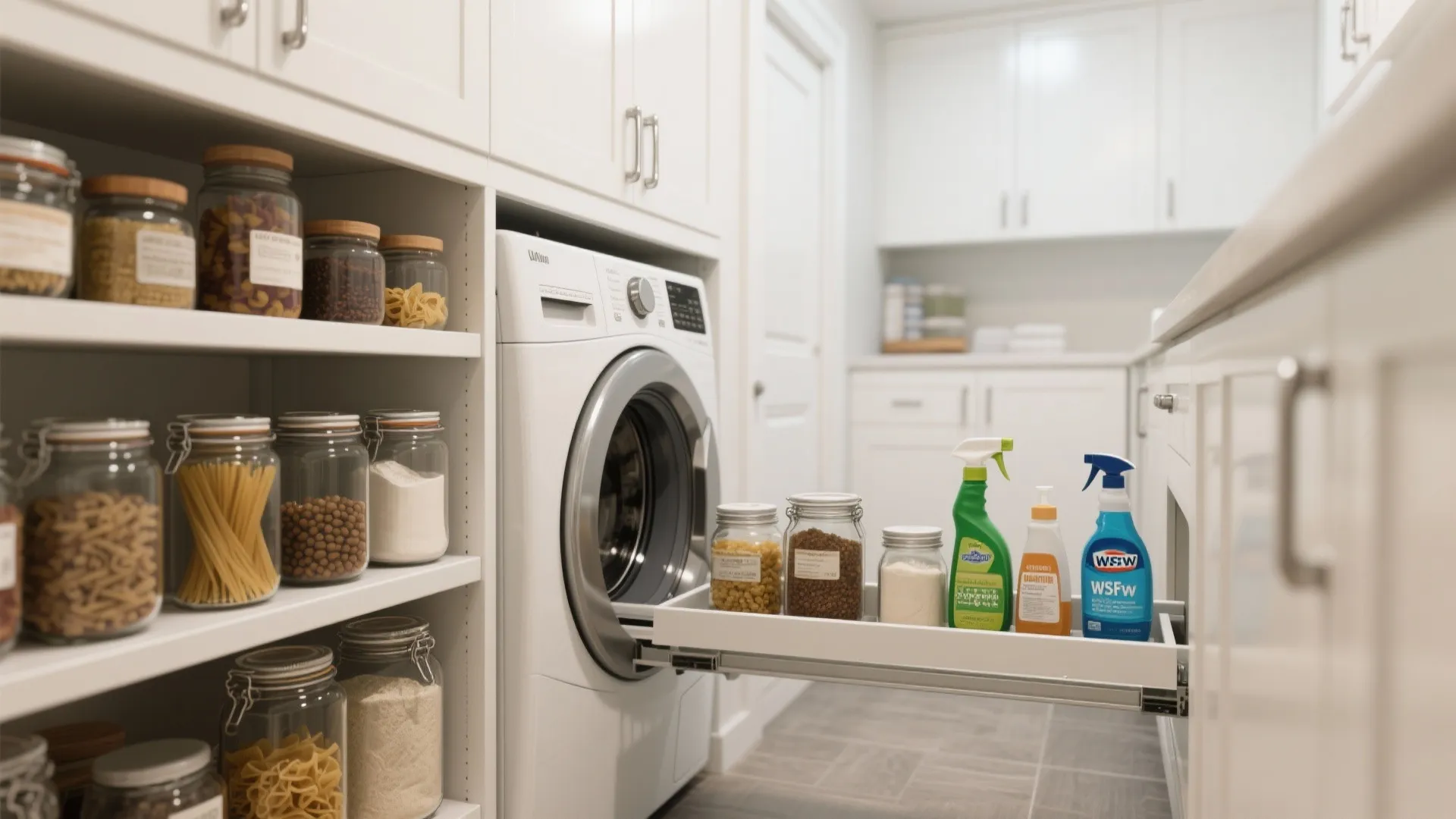 Sliding pantry shelves beside top load washer with jars and supplies
