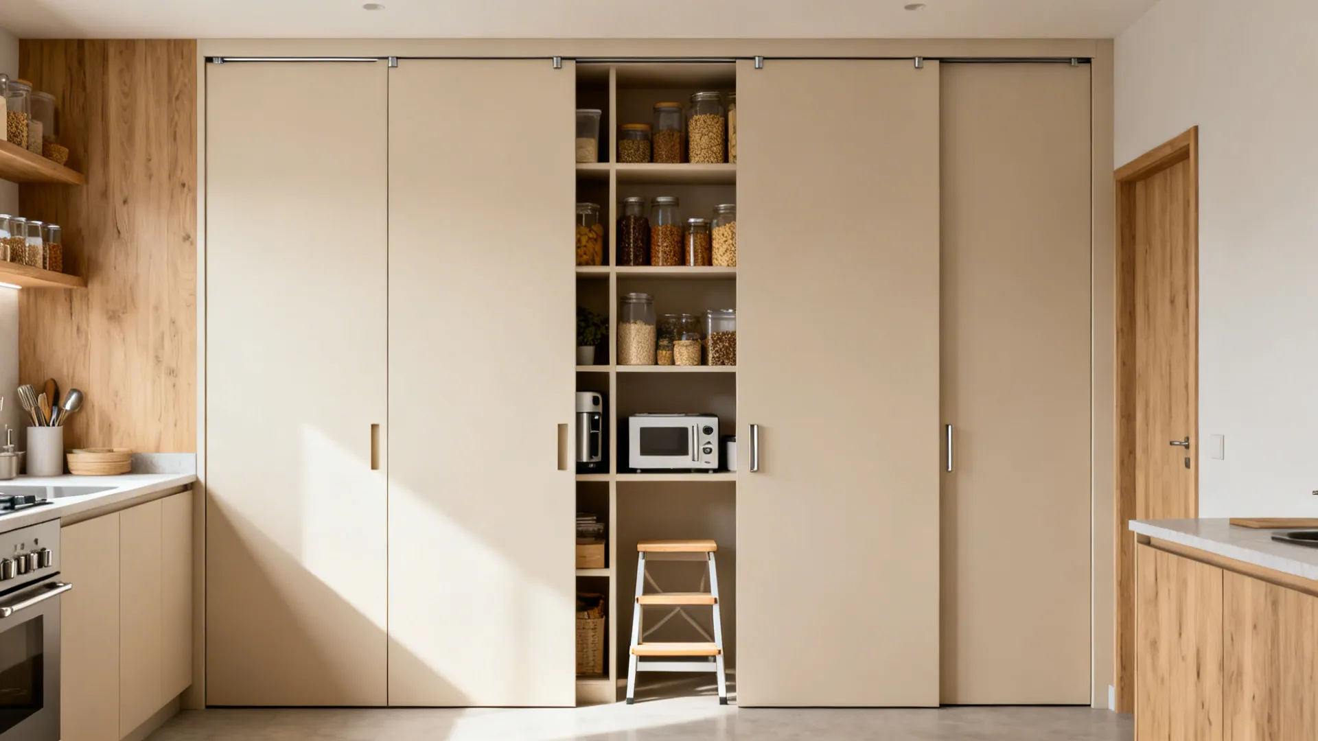 Minimalist Pantry Wall with Sliding Doors