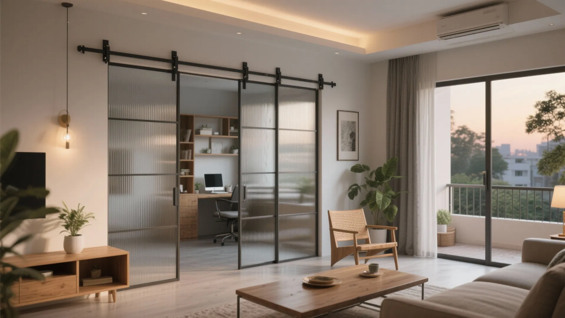 Flexible living-dining with sliding partitions