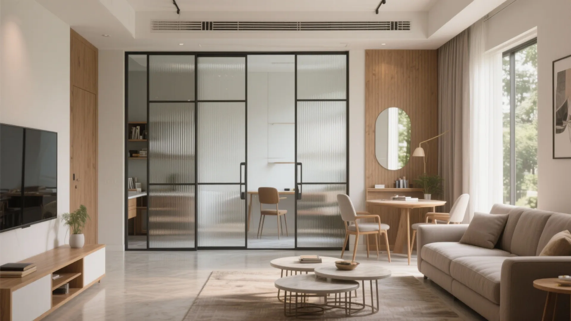 Flexible living-dining with sliding partitions