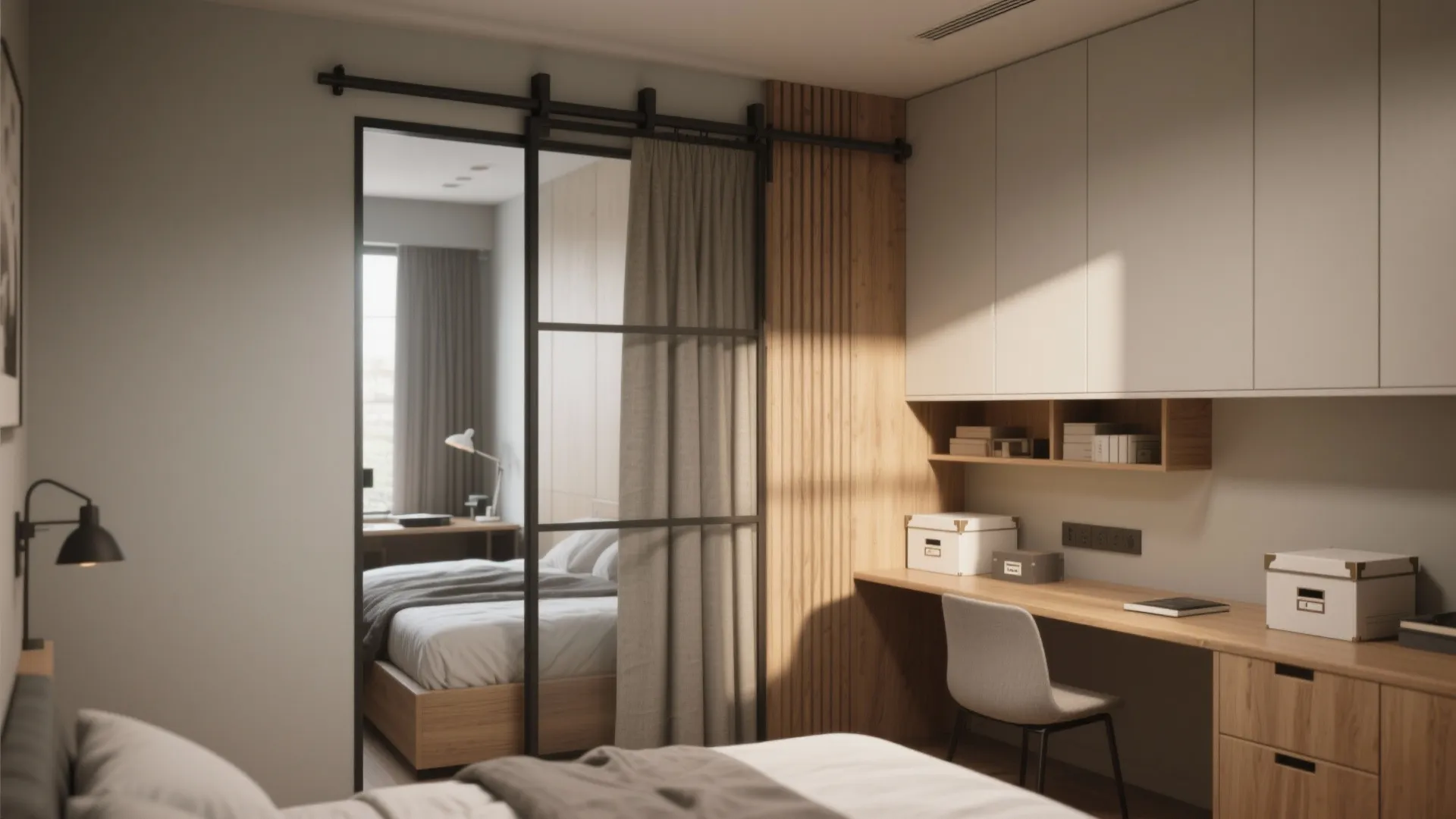 Modern home office with wooden desk and black frame glass sliding door leading to bedroom