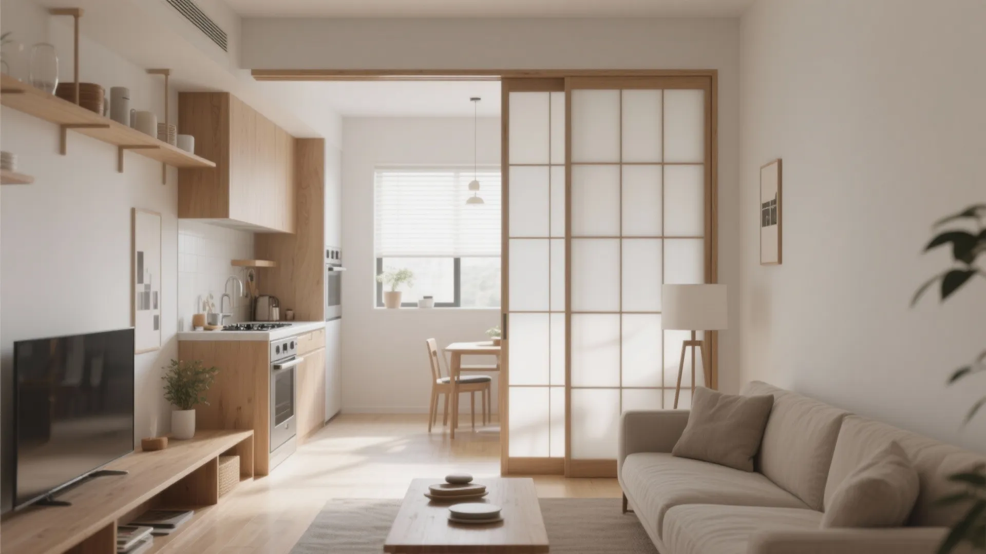 Modern apartment interior featuring wooden kitchen cabinets sliding door divider and neutral colored living room furniture