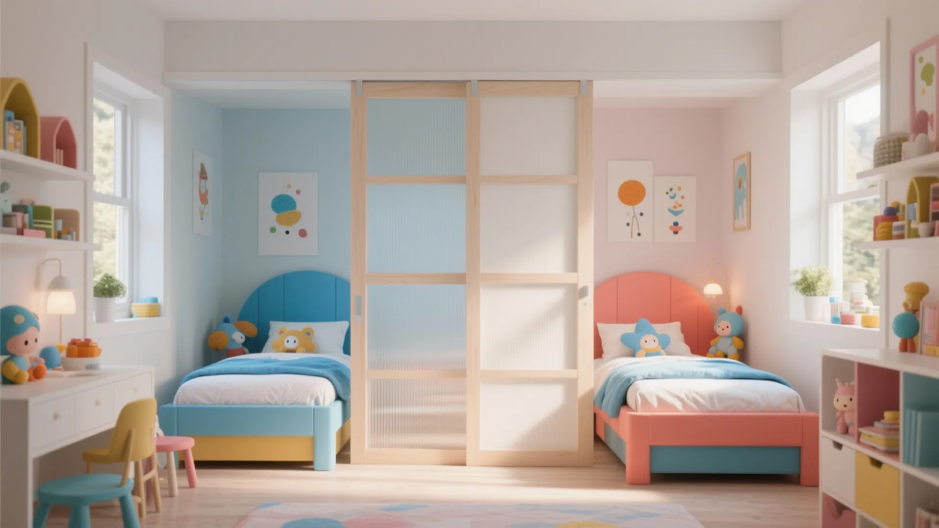 Kids bedroom divided by wooden sliding glass door with blue and pink beds on sides
