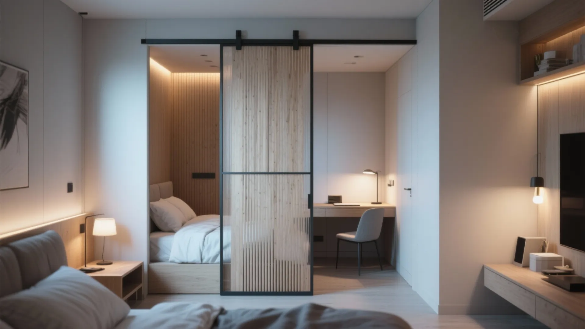 Modern bedroom area separated from a home office desk by a wooden sliding glass door