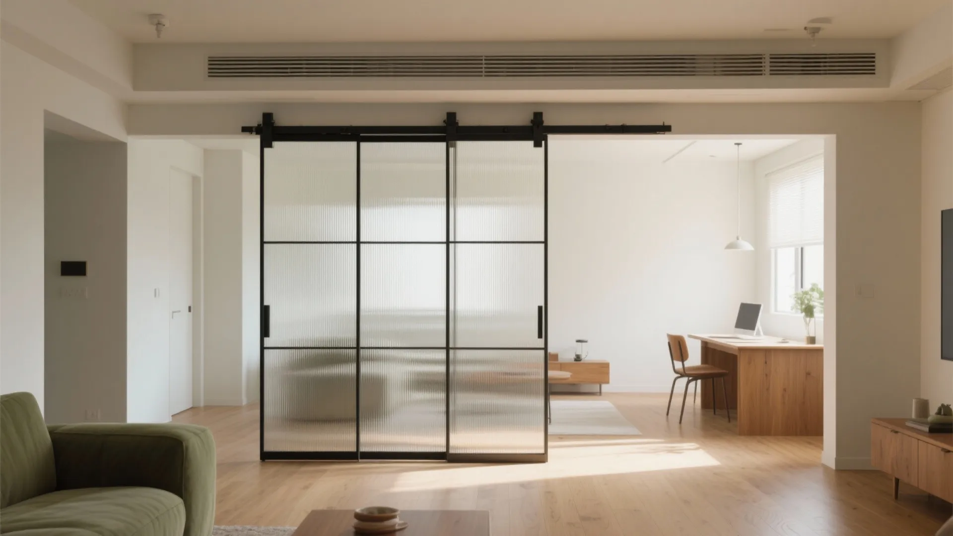 Bright open living area with black frame glass sliding doors separating a wooden study space