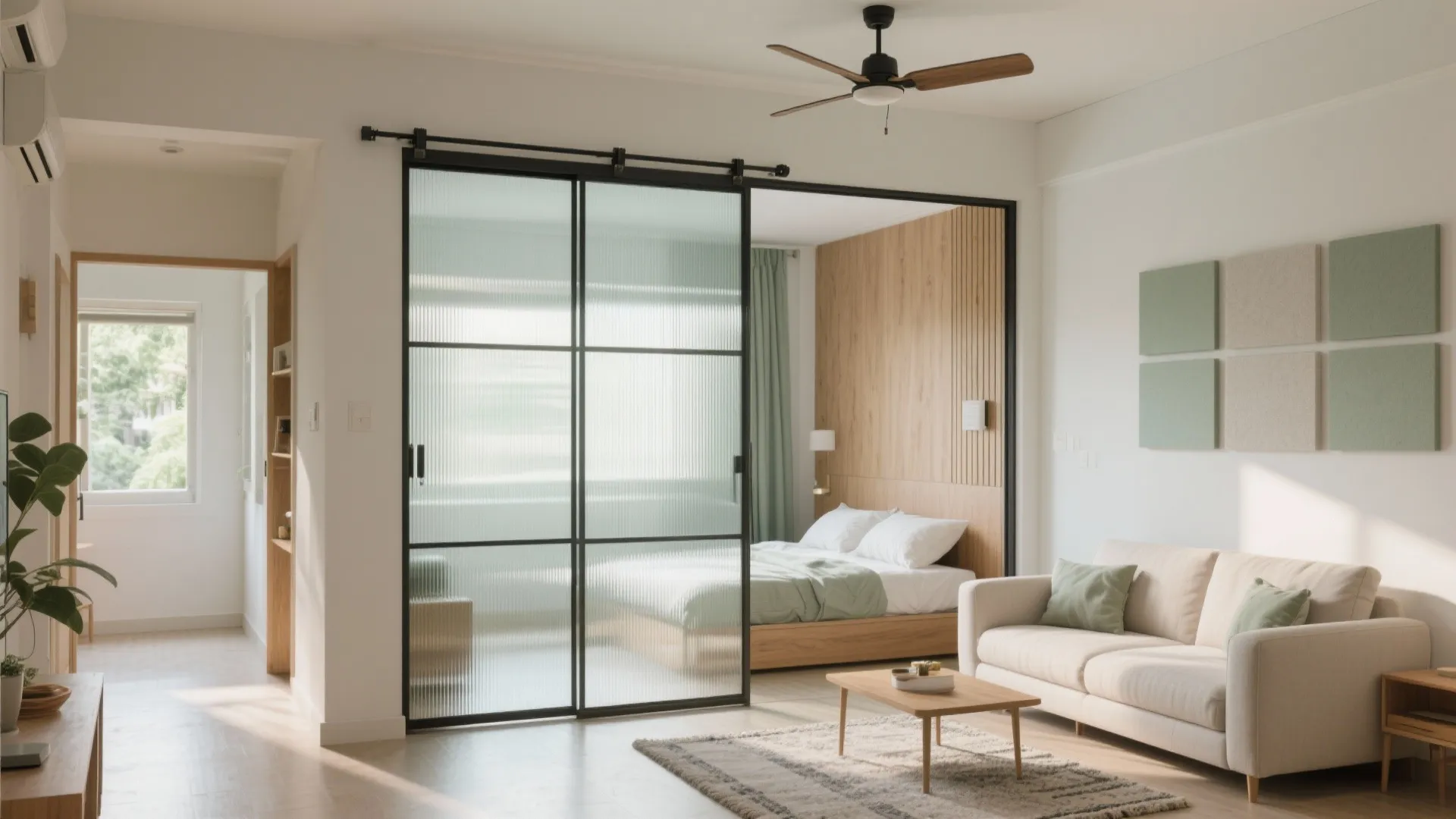 Open plan with a sliding partition (privacy on demand)