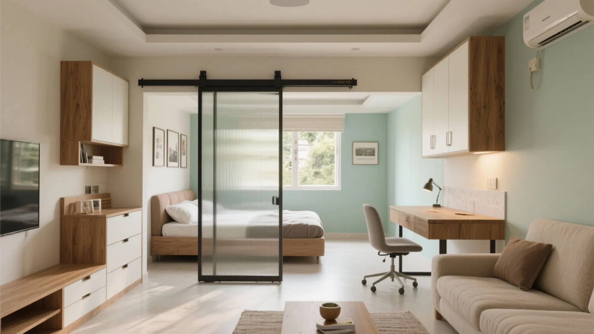 Sliding partitions and multifunctional furniture for flexible living