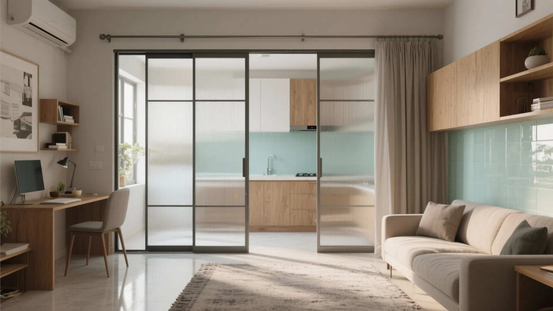 Living room with glass sliding doors a wooden desk beige sofa and light blue tiles