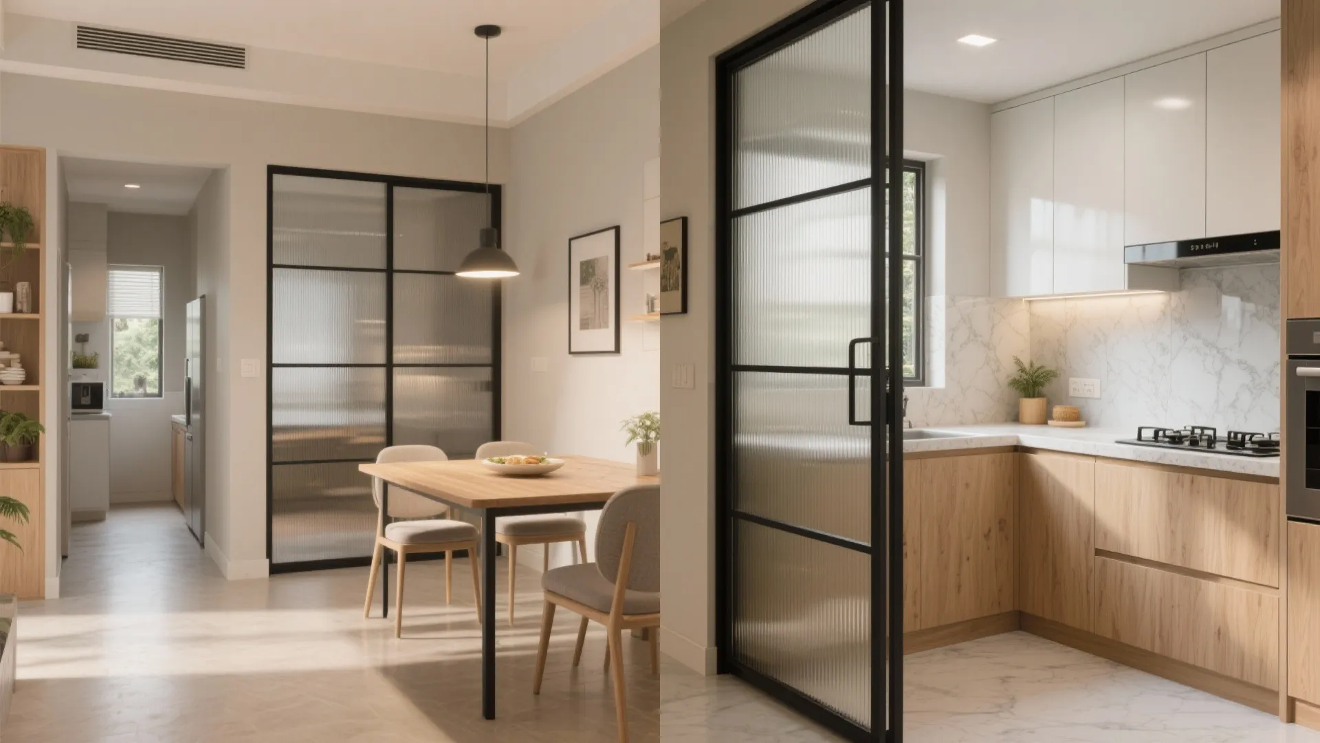 Sliding Partitions to Merge Kitchen and Dining