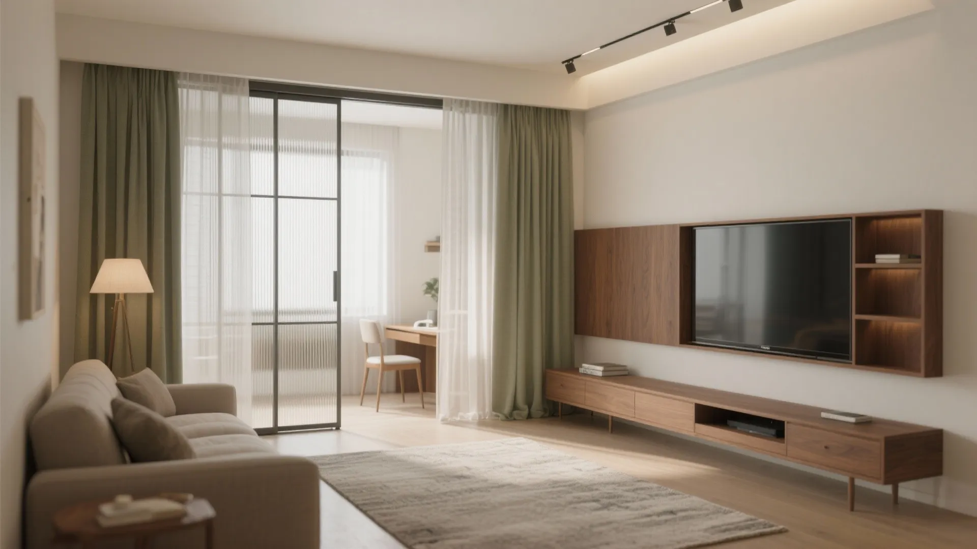 Sliding partitions for a flexible living-sleeping combo