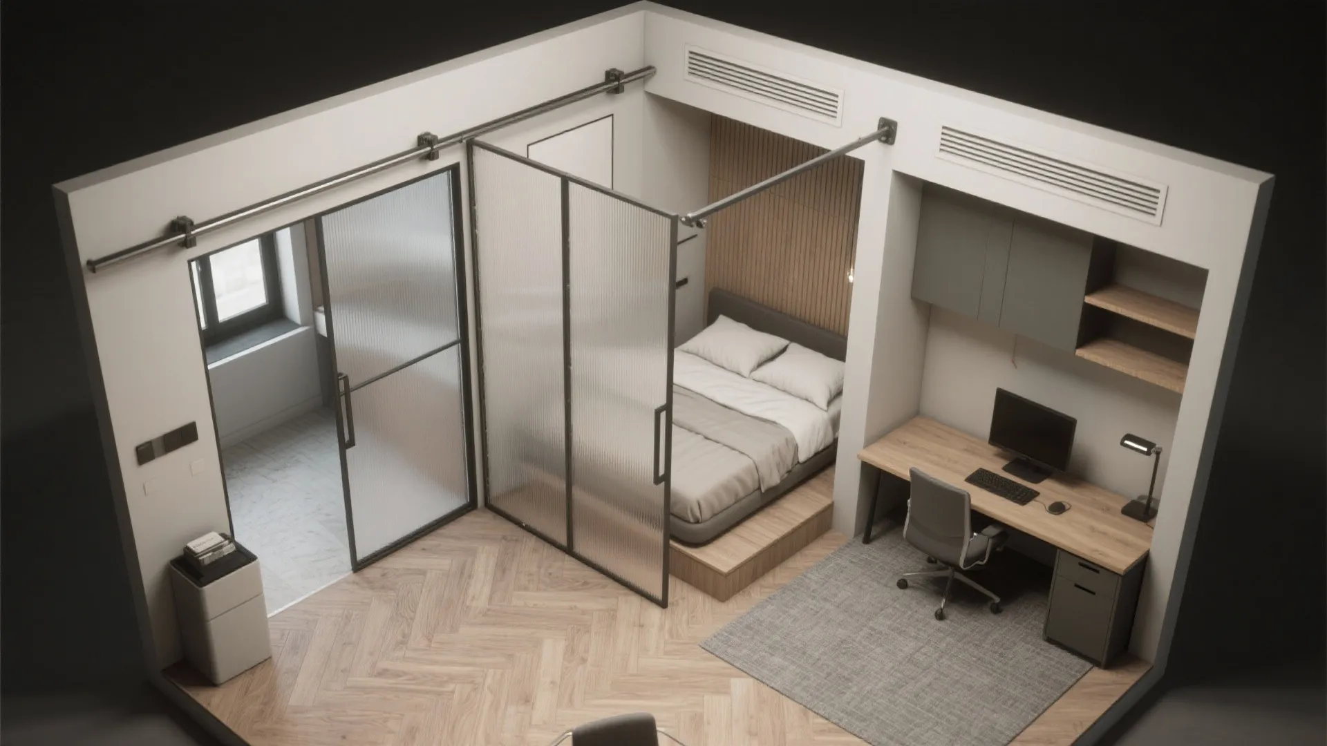 3. Sliding partition or accordion wall for instant privacy