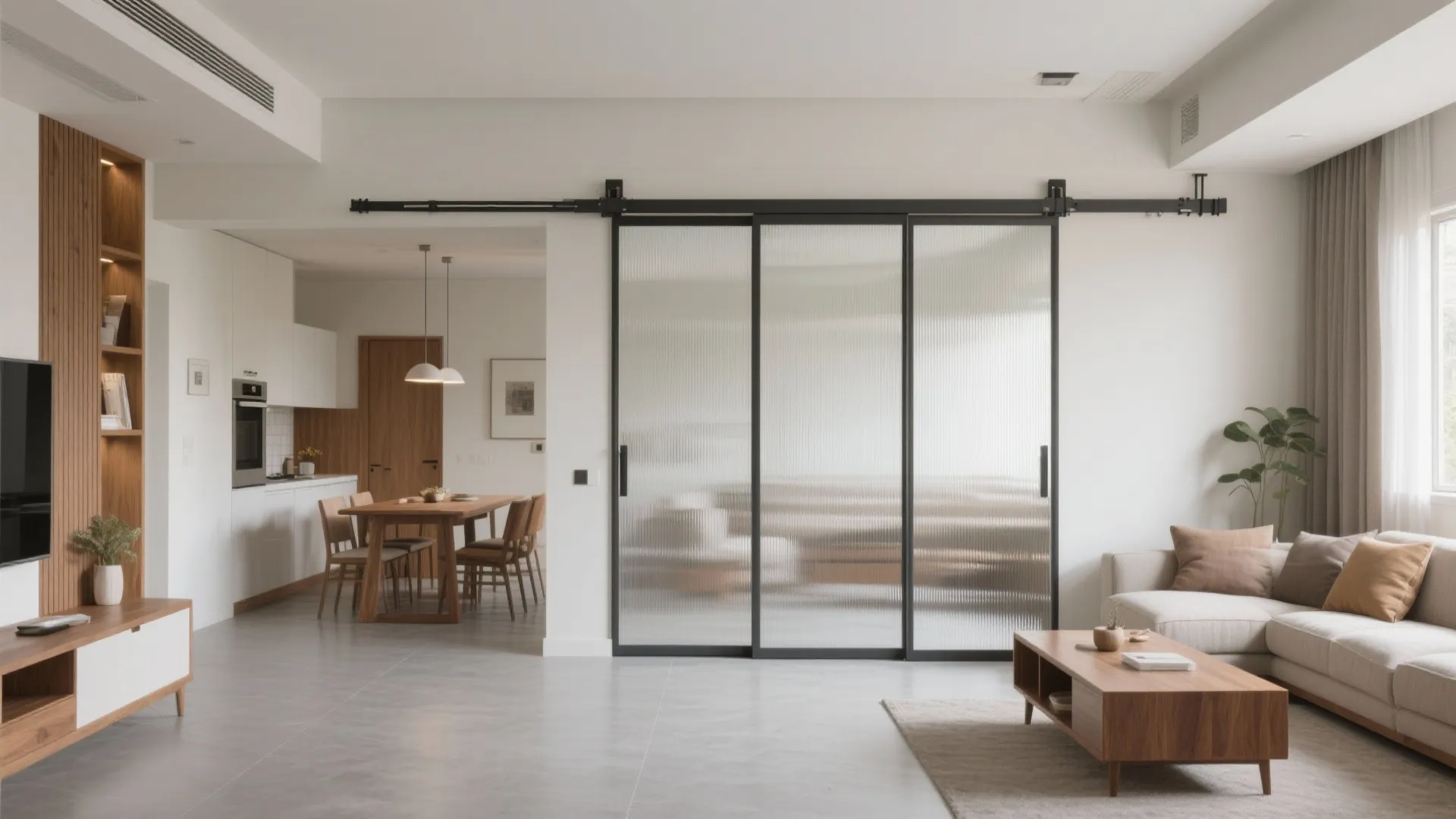Sliding partitions and flexible living-dining