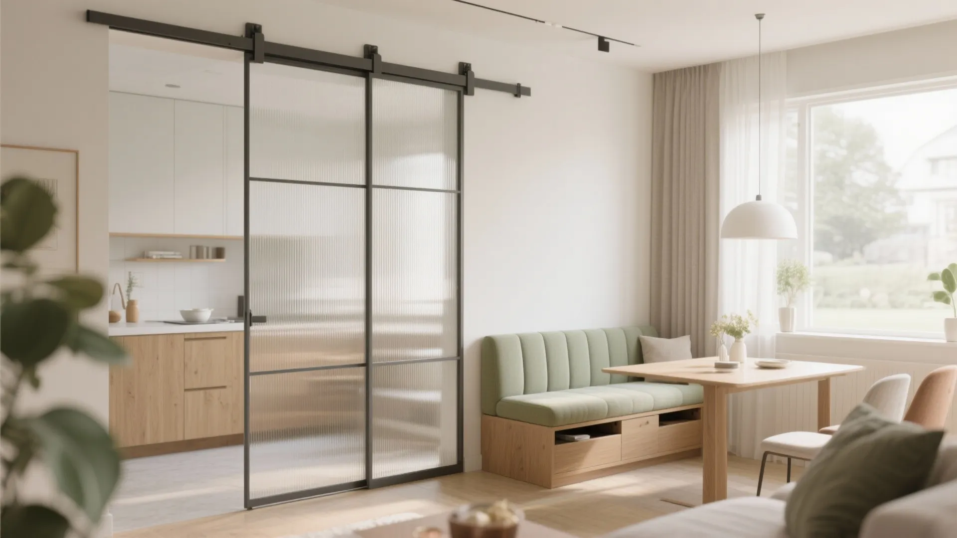 2) Flexible Sliding Partitions and a Multipurpose Dining Nook