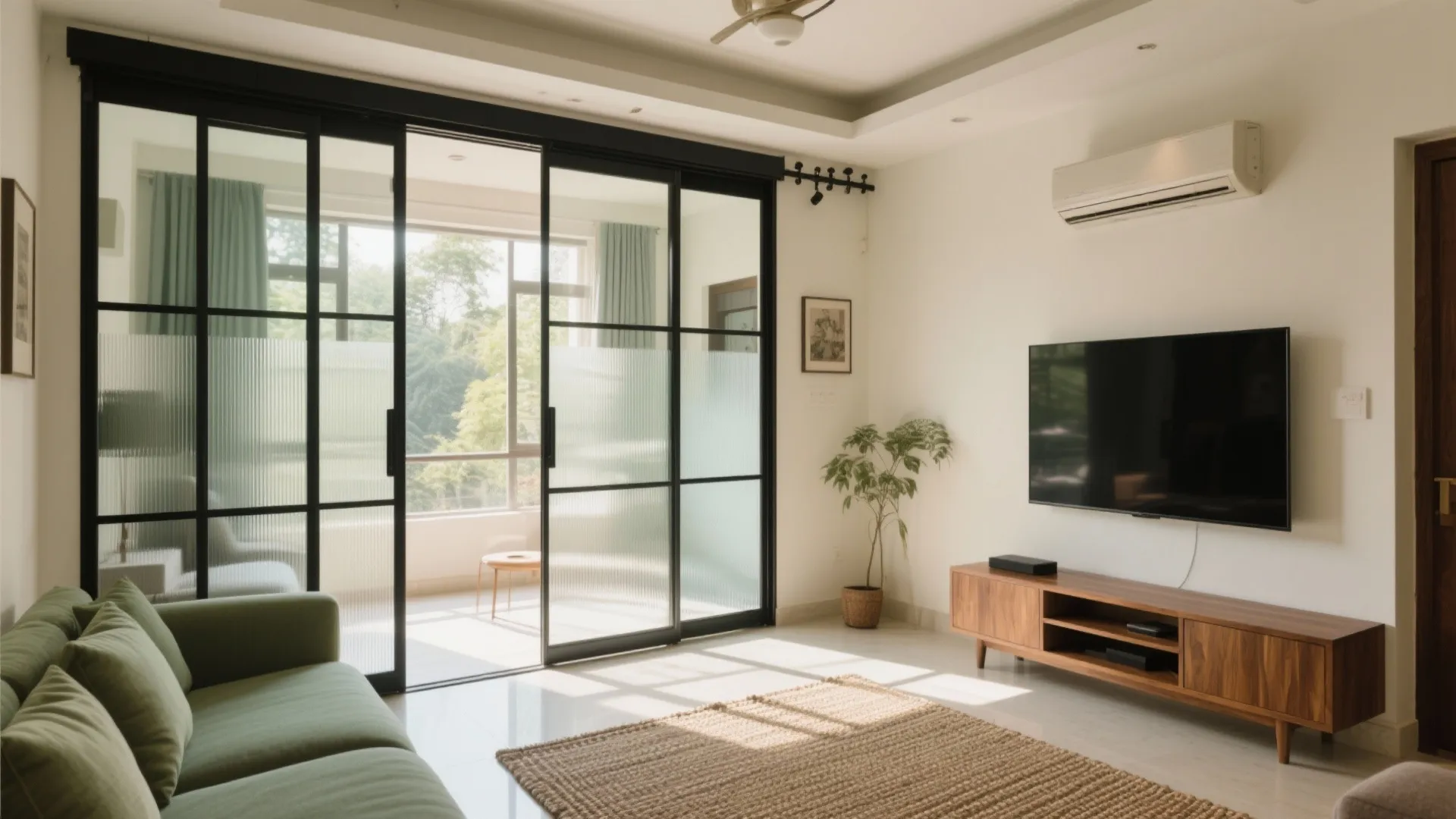 Flexible sliding glass partitions for sunlight and sound control