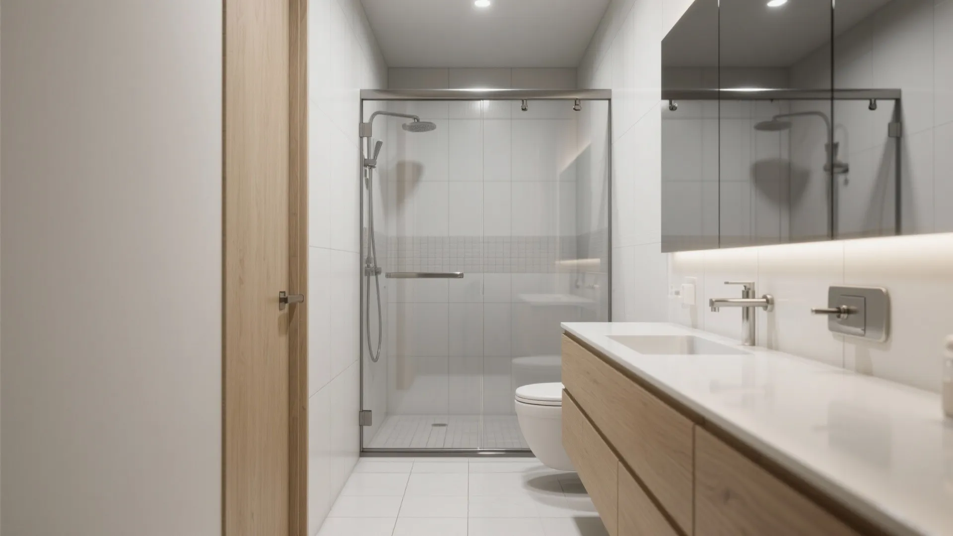 Narrow modern bathroom design with wooden door, sliding glass shower door, white vanity and toilet