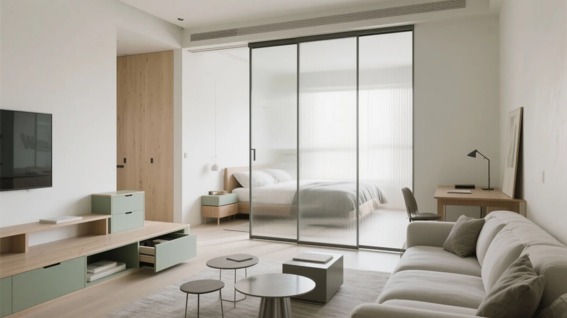 Flexible furniture and sliding partitions for multi-use living