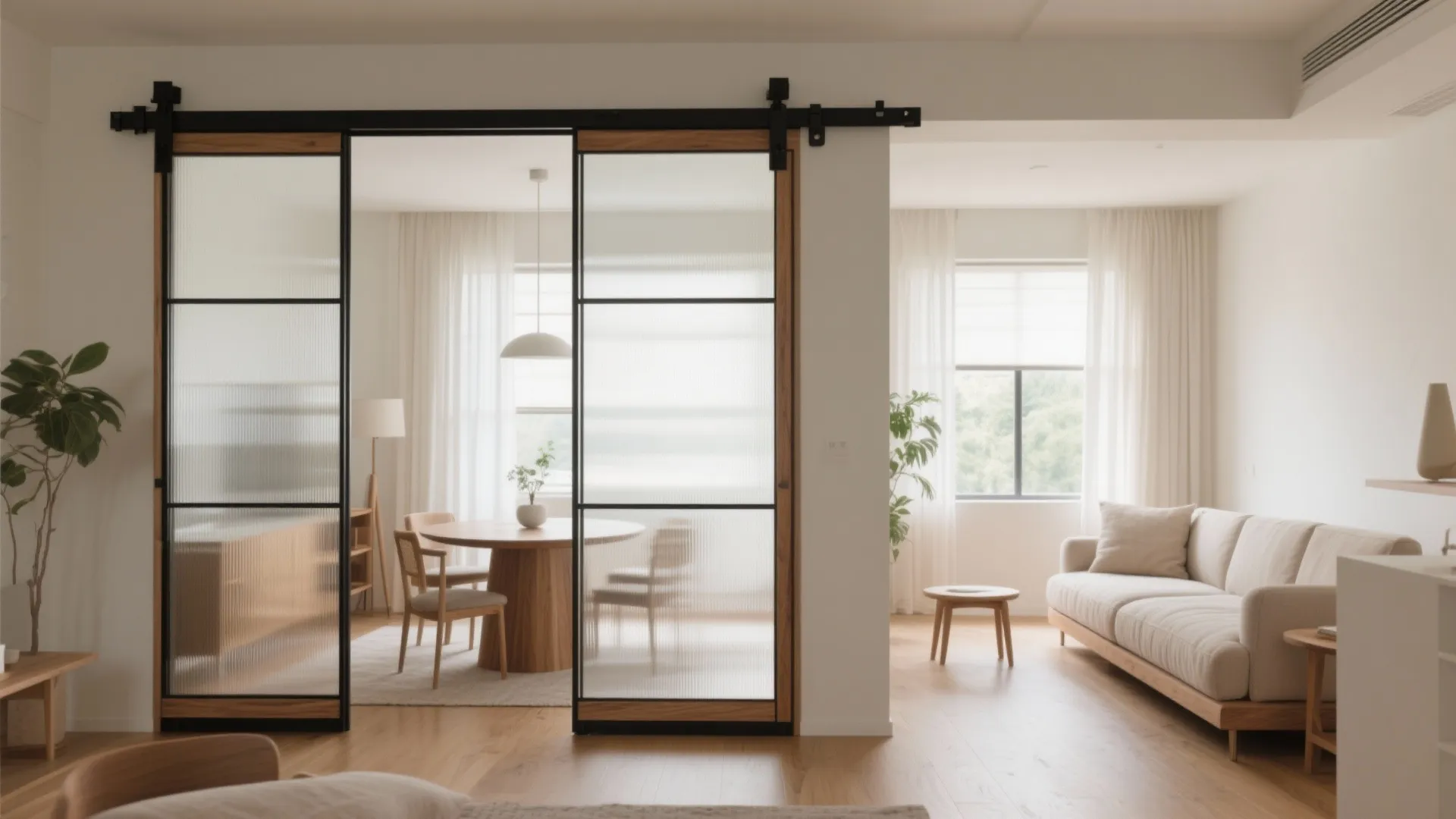 Modern living room with sliding glass doors, wooden dining table, white sofa, and wood flooring