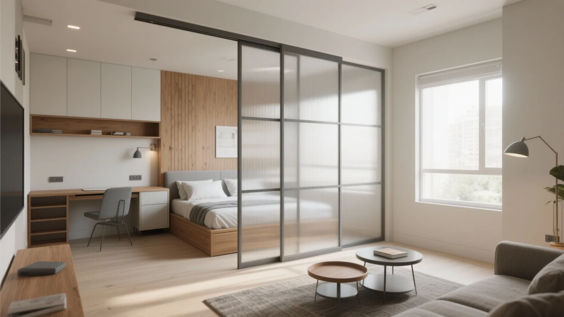 Modern bedroom and living room with glass sliding partition wooden wall panel and natural light