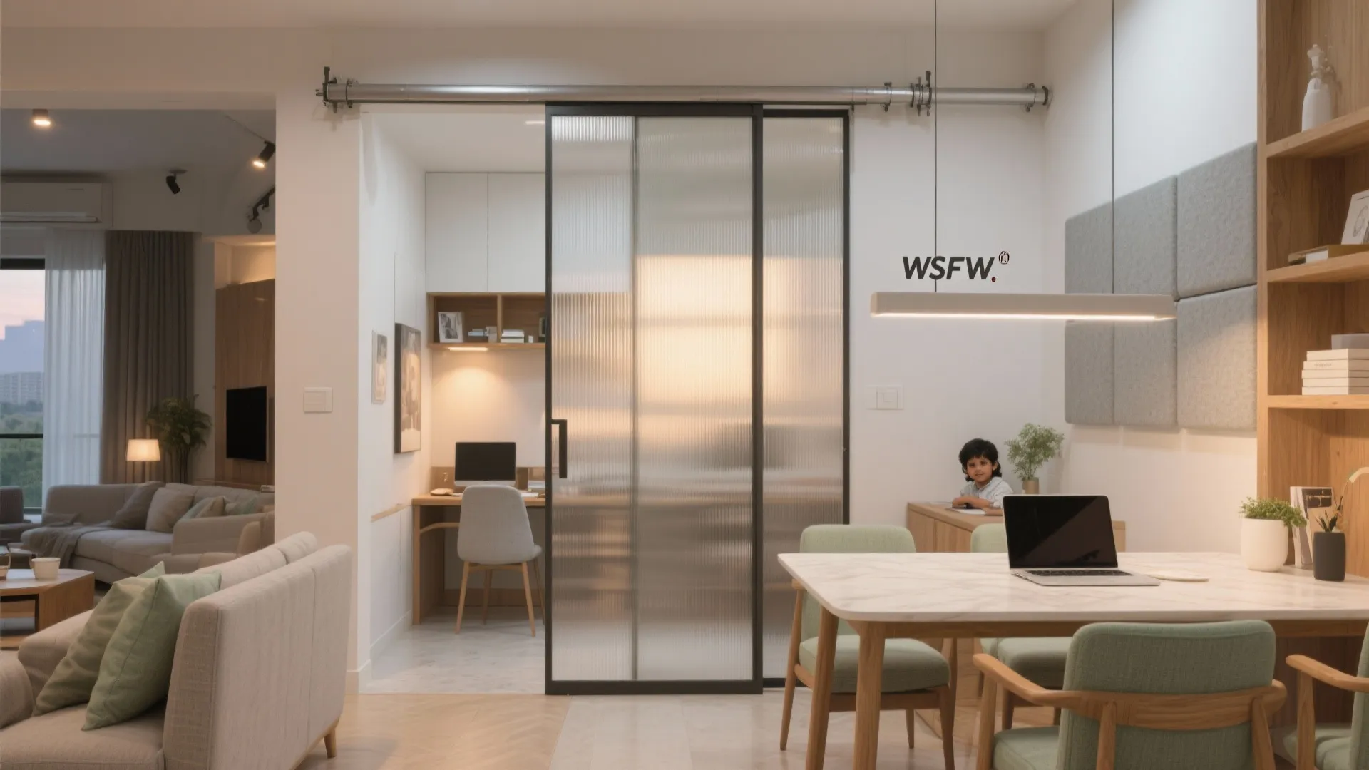 Modern apartment interior with glass sliding doors separating a home office and open dining area