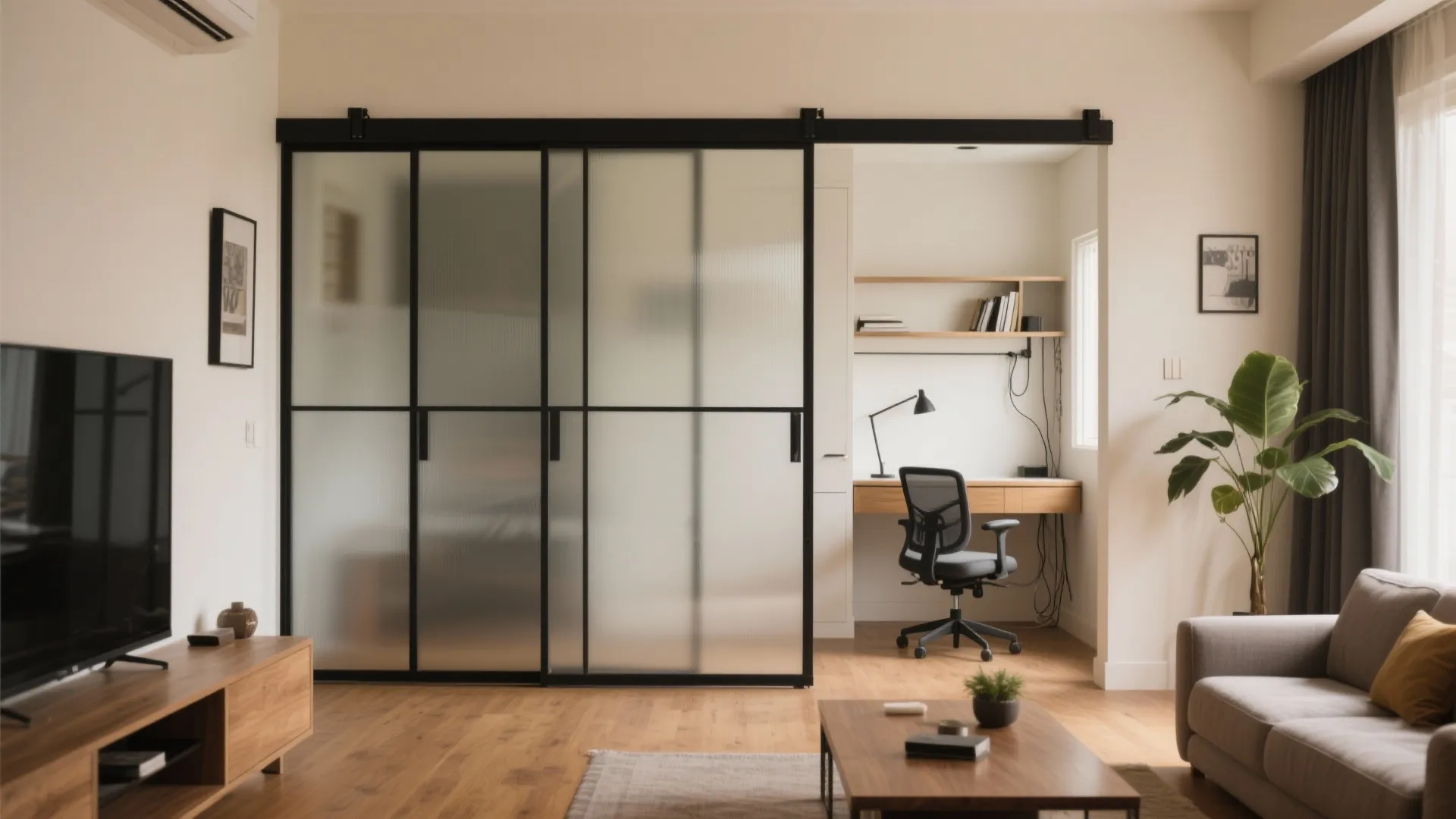 Sliding partition to zone living, dining, and a compact study