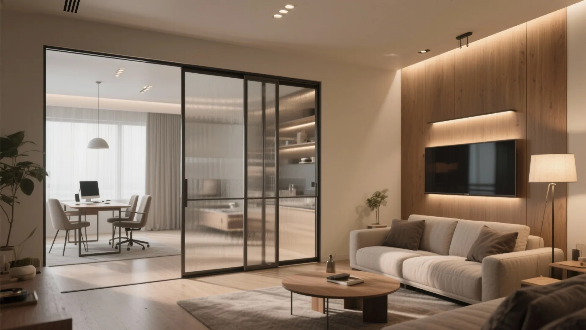 3) Flexible Living–Dining With a Sliding Partition (WFH Friendly)