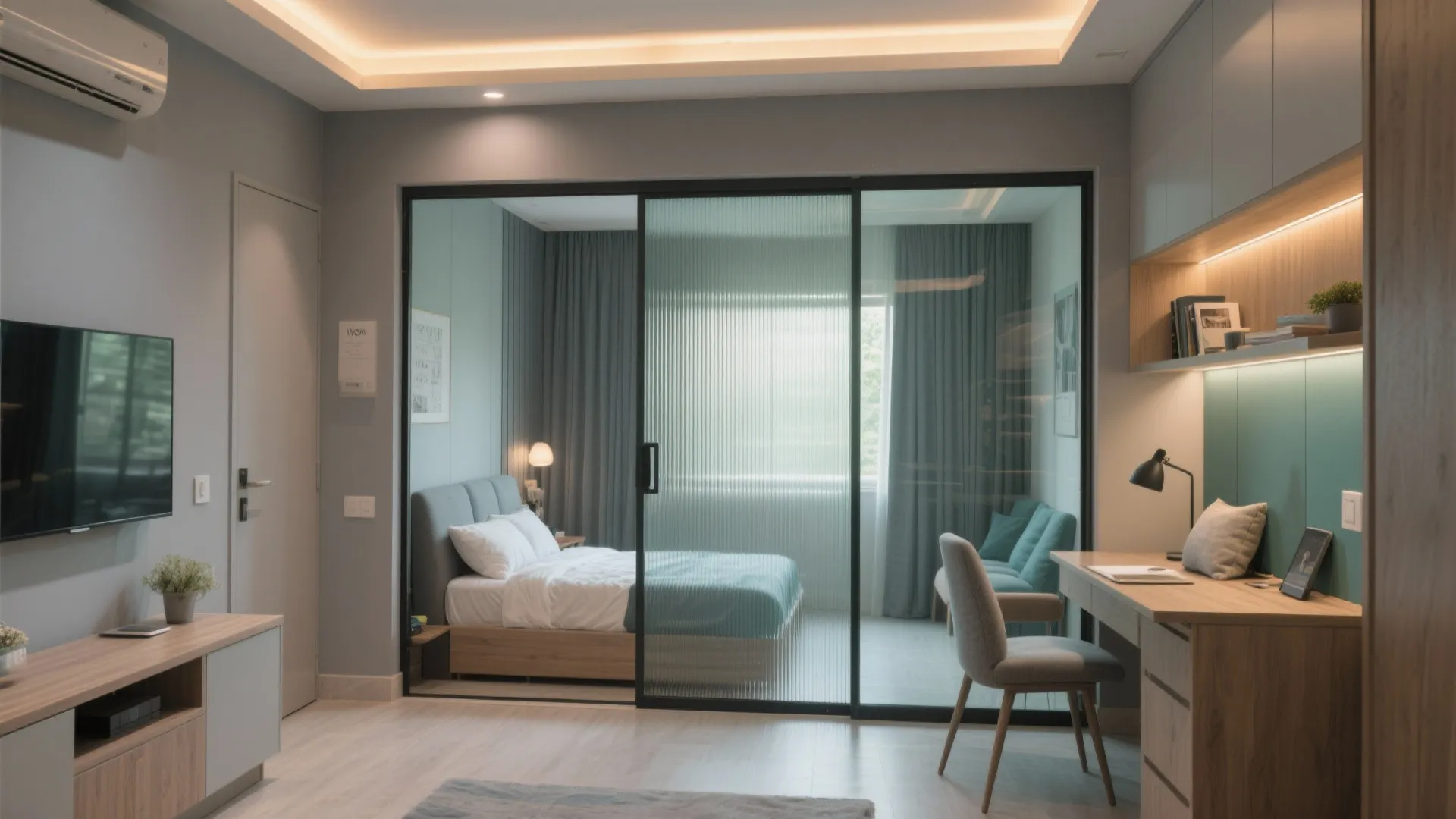 3) A sliding partition for a flexible guest-plus-study room