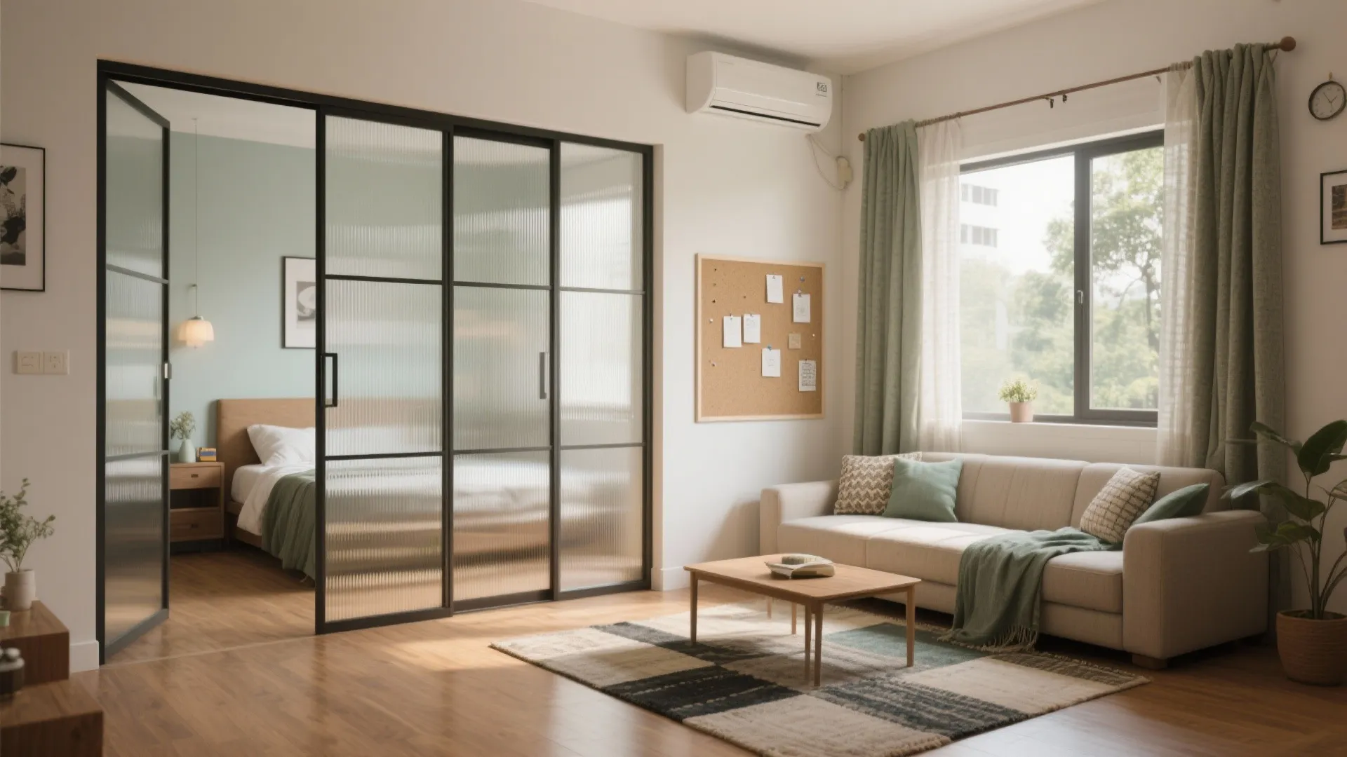 Sliding partitions for a flexible living–bedroom