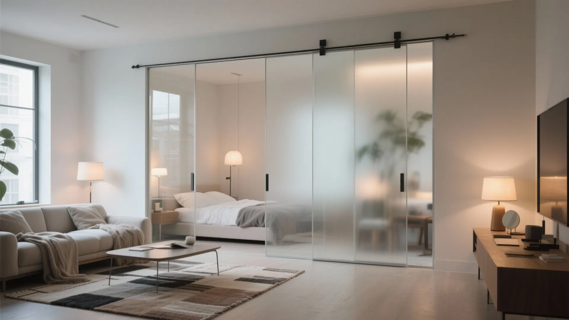 Glass sliding doors separating a modern living room and bedroom in a bright apartment interior