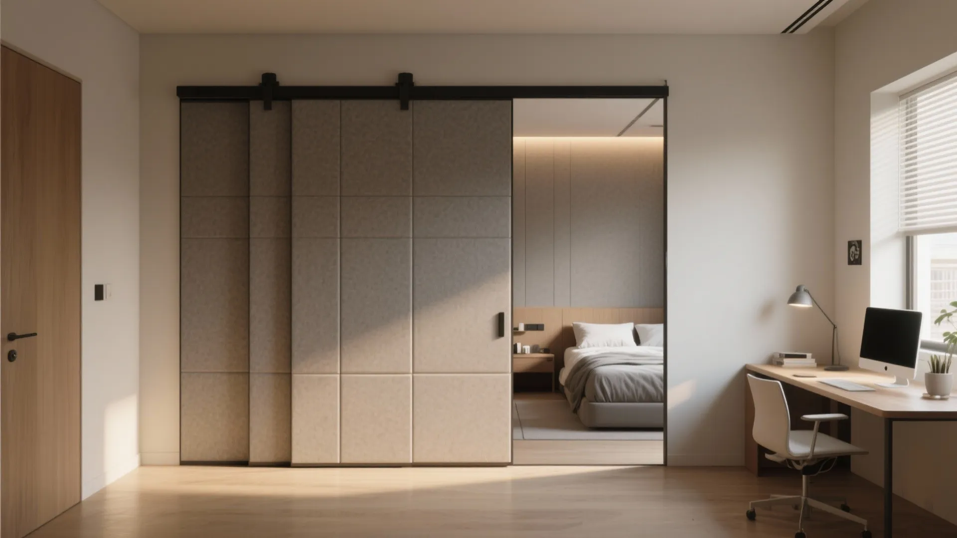 Solid-core sliding partition partially open, converting a bedroom into two flexible rooms with good seals.