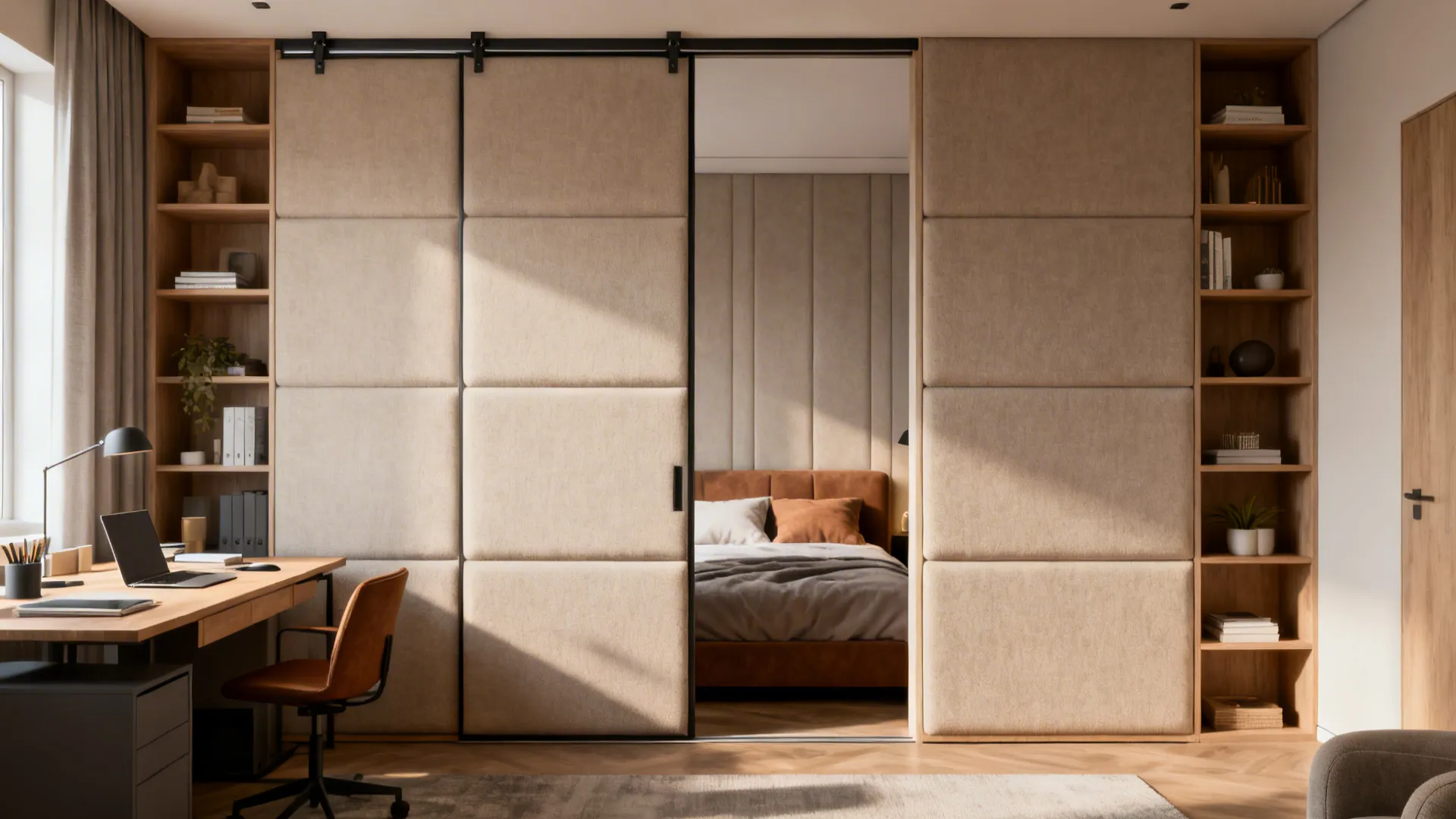 Home office with wooden desk and beige padded sliding doors opening to a warm bedroom