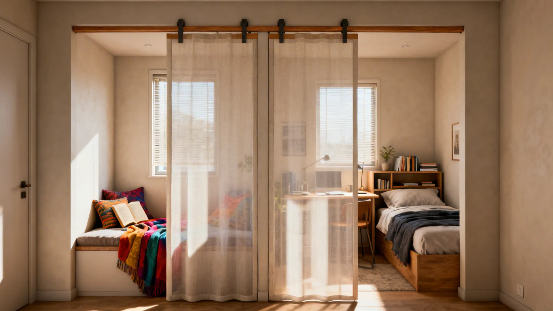 Small bedroom with a sliding partition creating flexible privacy between two zones.
