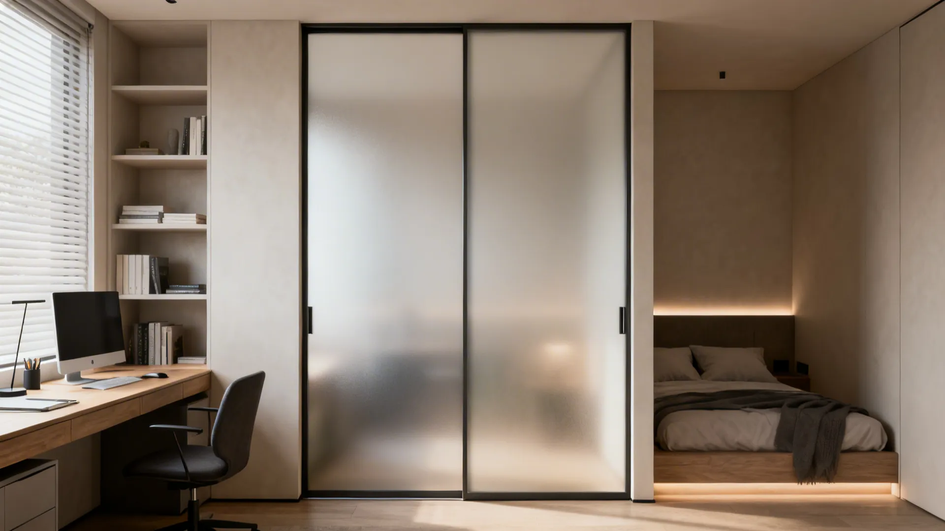 Frosted glass sliding doors separating a modern home office desk from a cozy minimalist bedroom