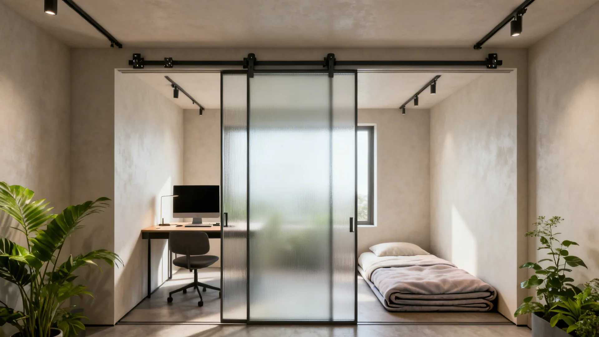 Frosted glass sliding door separating home office desk with computer and bedroom with simple floor mattress