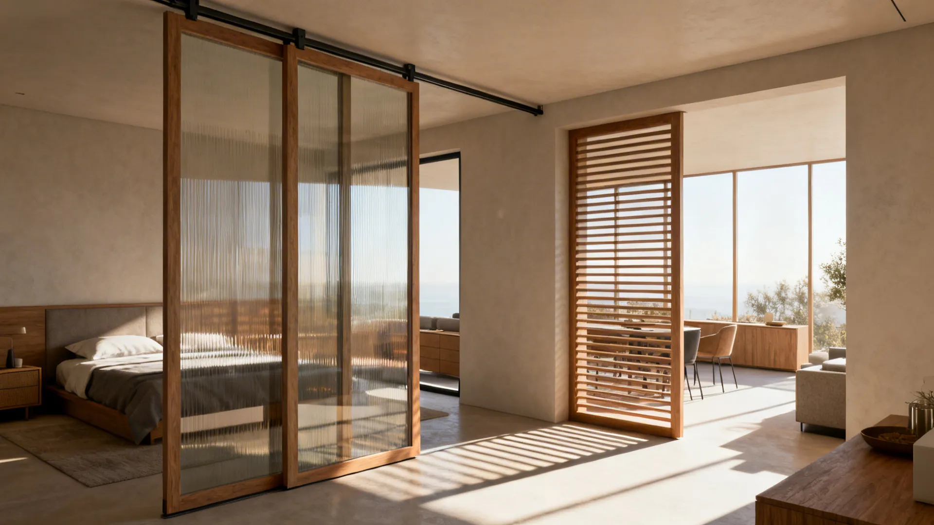 Sliding partition of glass and wood slats separating sleeping and living areas
