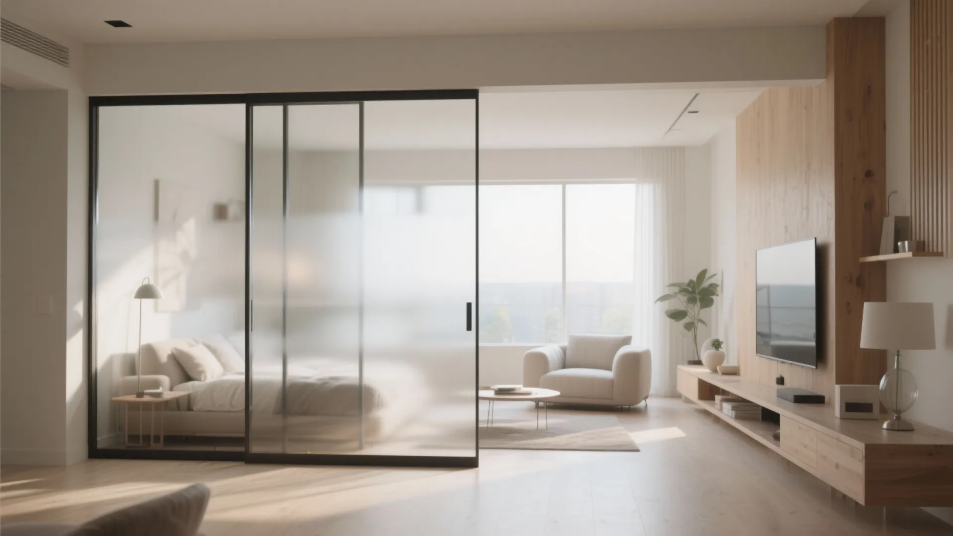 Modern living room with frosted glass sliding partition around a sofa bed