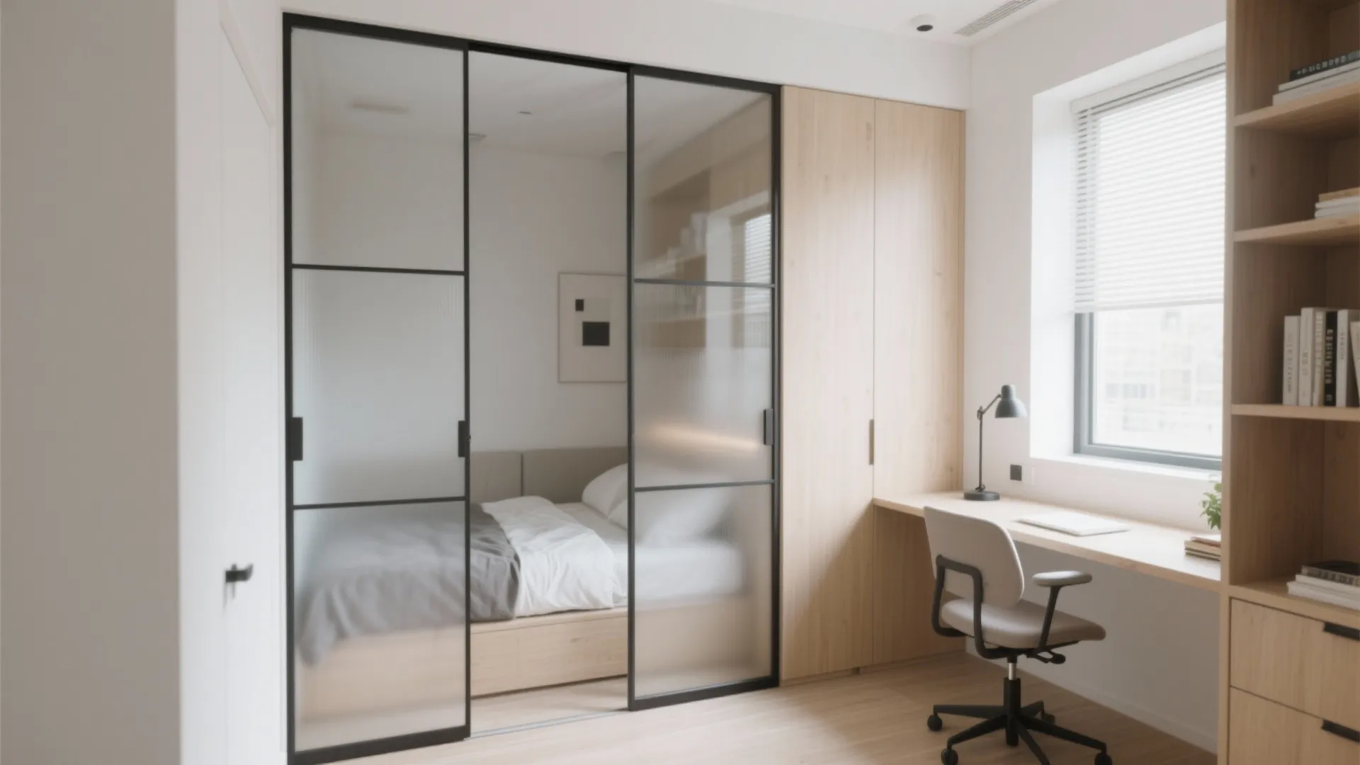 Small apartment interior design with glass sliding doors separating the bed from the office desk