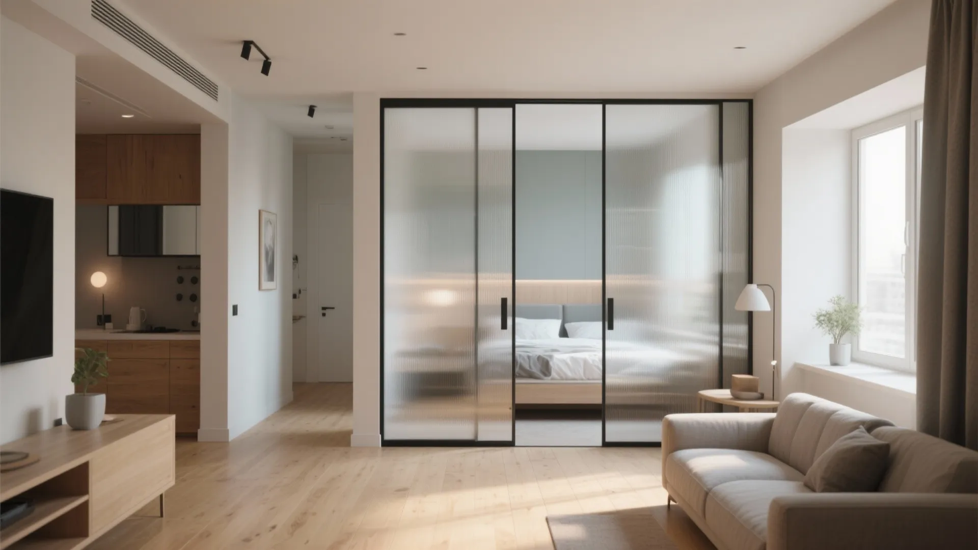 Modern living room with sofa and glass sliding doors leading into a bright cozy bedroom